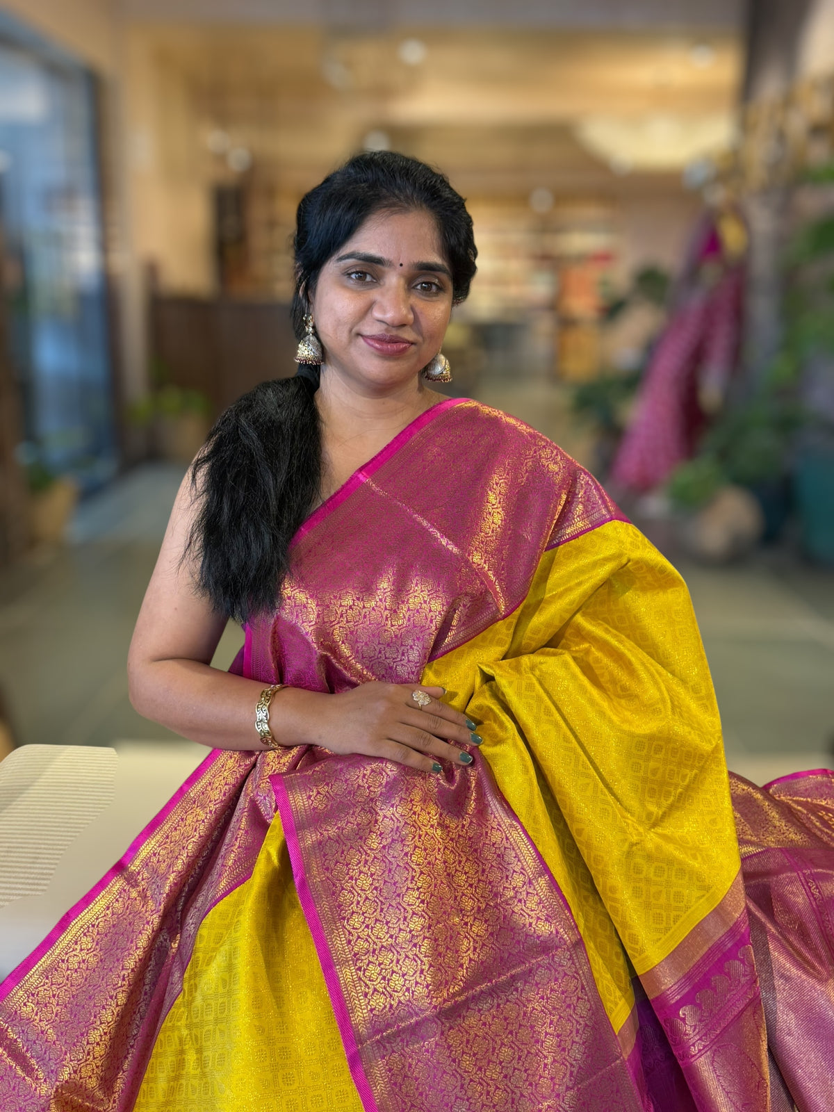 Yellow and Rani Pink Combo kanchi brocade designer kuttu border saree