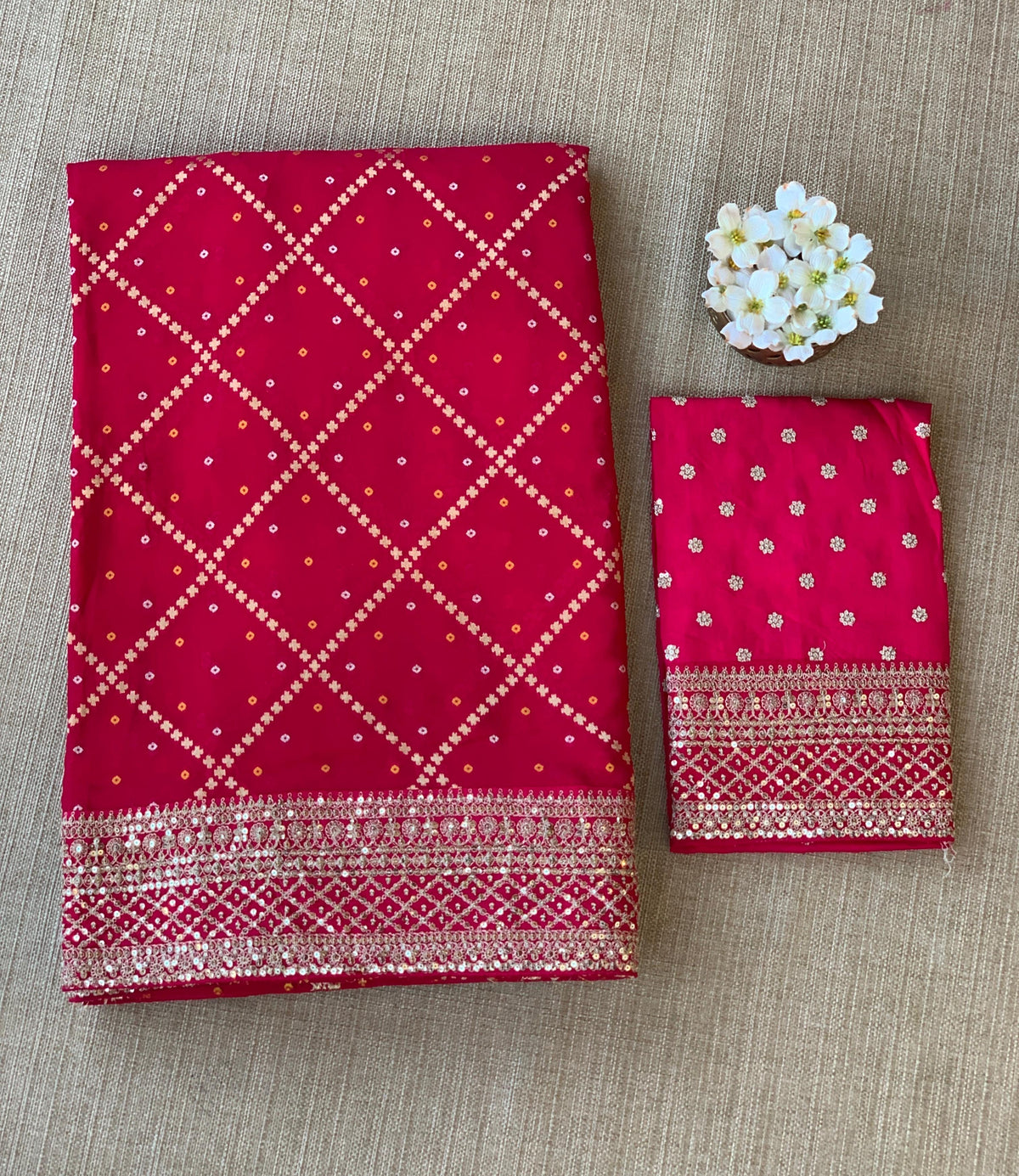 Dark Pink Fancy Banarasi Bandhini georgette saree with sabhyasachi borders and blouse