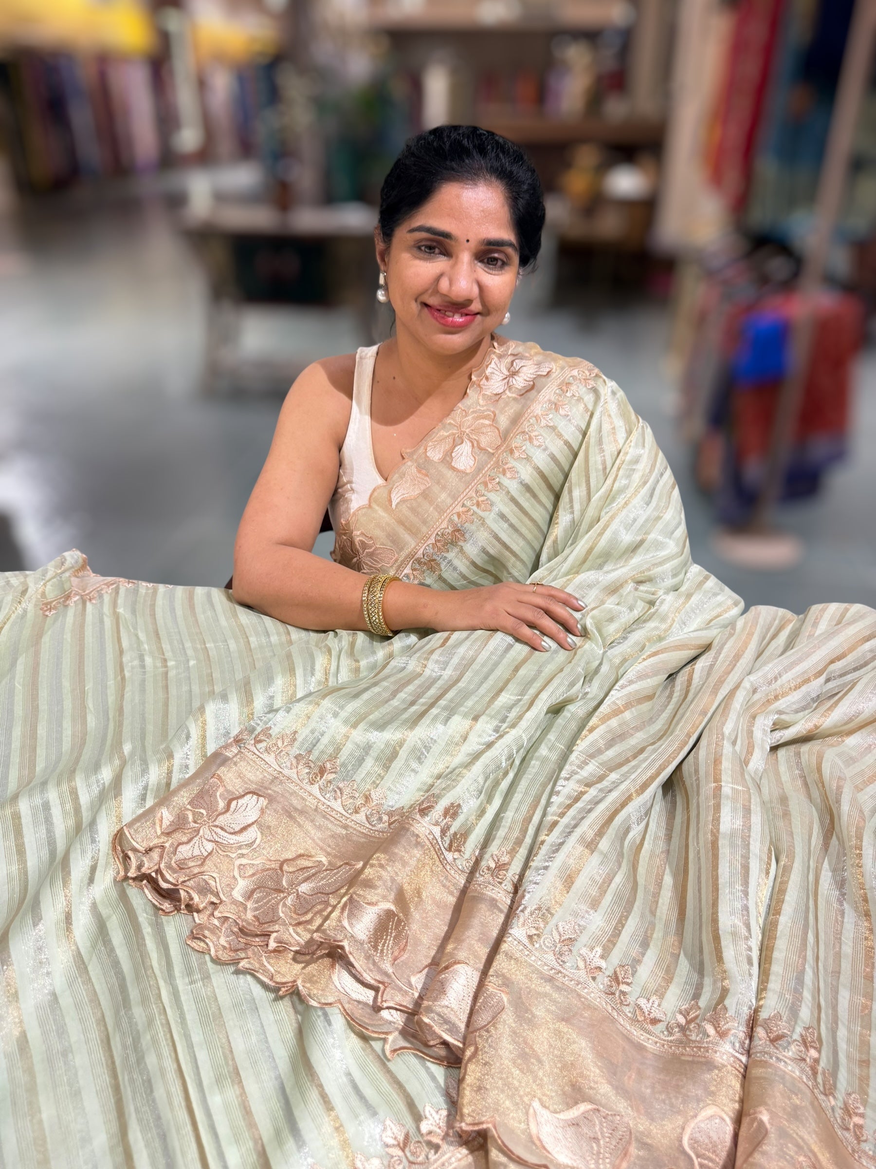 Mint Green Mul Tissue Stripes Saree With Tissue Cutwork  Border & Blouse