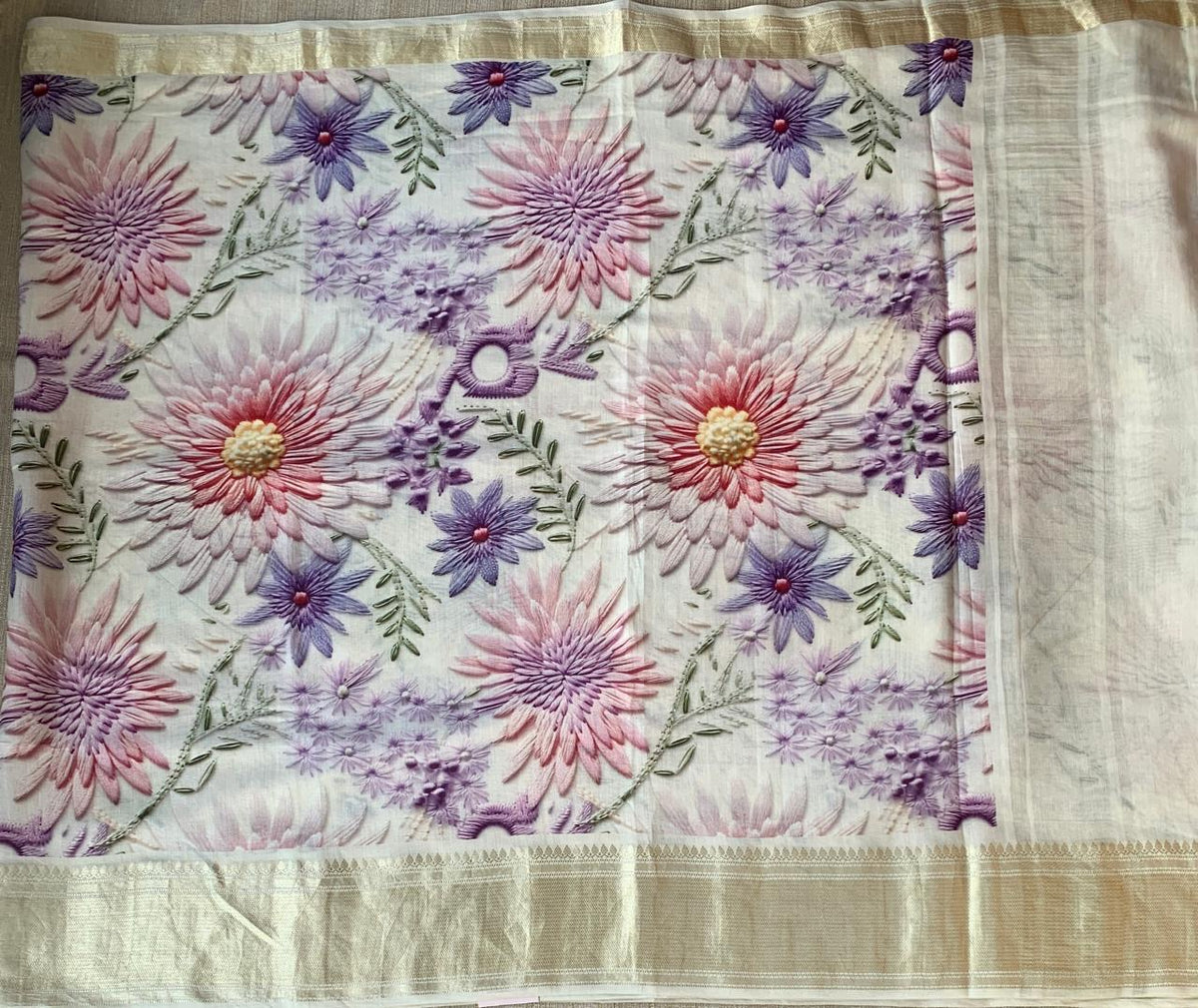 Ivory Pure Handloom Chiniya Silk Saree with stunning Floral Print and zari borders