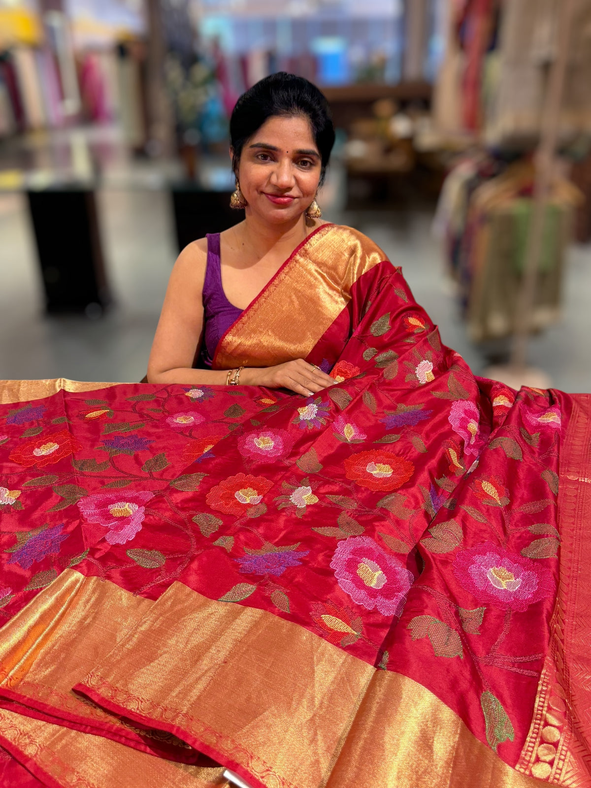 Maroonish Red Kanchi Soft Silk Saree with allover jamdani inspired embroidery