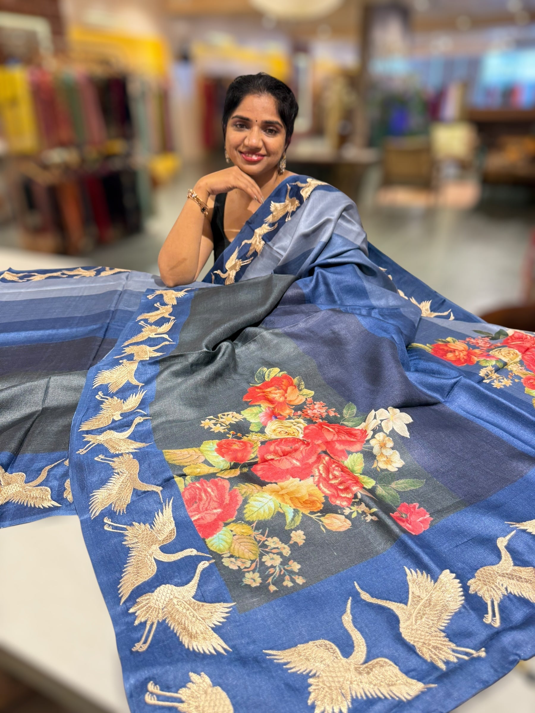 Tussar Rangkaat Saree With Crane Bird  Embroidered Border