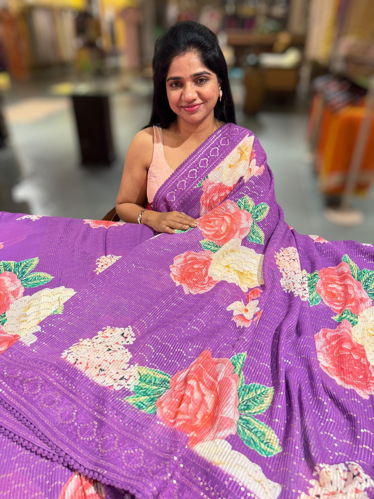 Purple georgette sequence saree with statement floral print