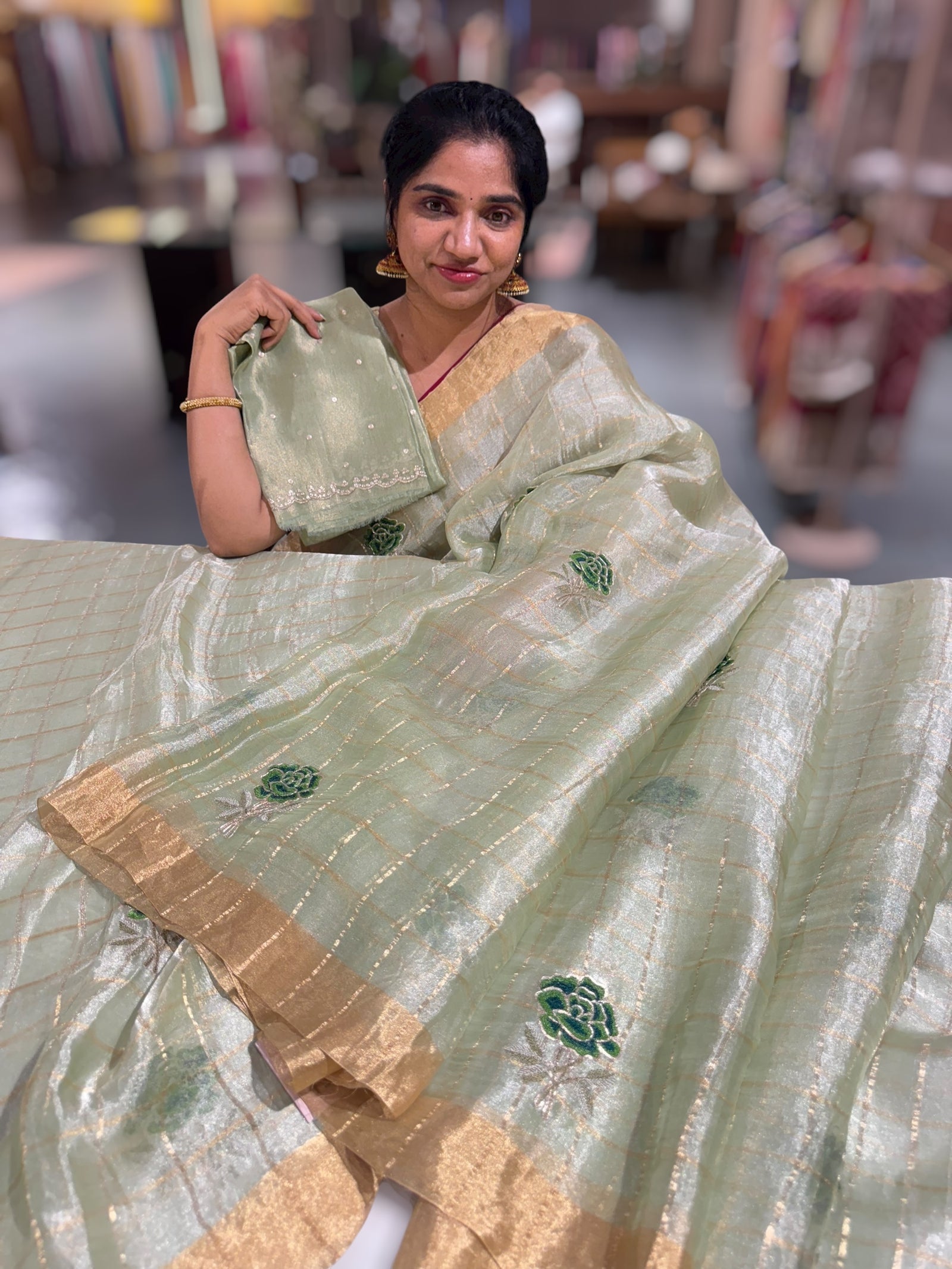 Pastel green checks tissue with allover rose embroidery