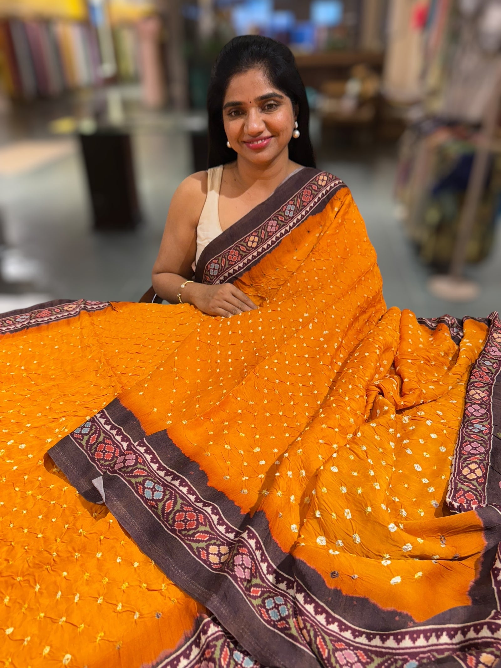 Mustard bandhini kalamkari modal satin saree