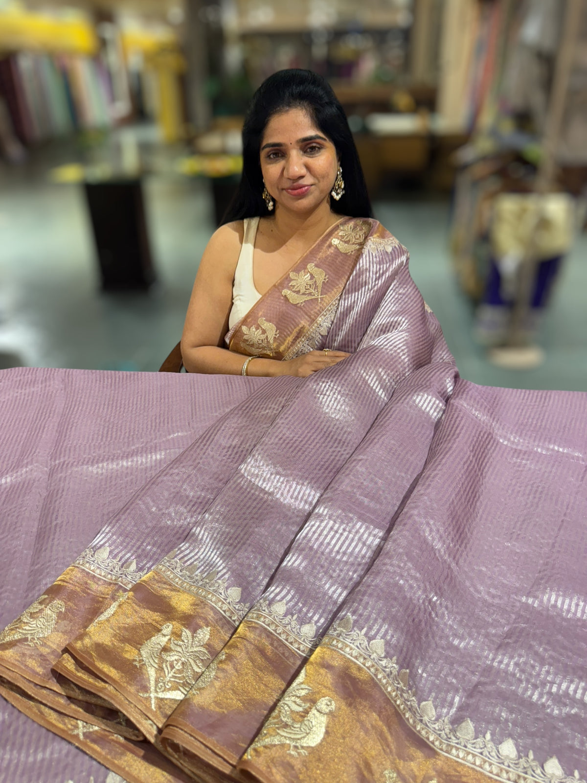 Lilac Kora tissue stripes Saree with embroidery