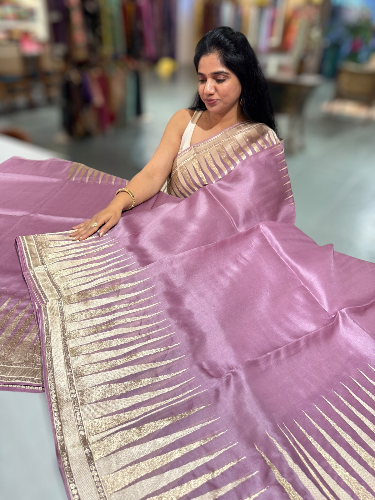 Mauve Pure Organza With Temple Embroidered Border & Tussar Printed Blouse