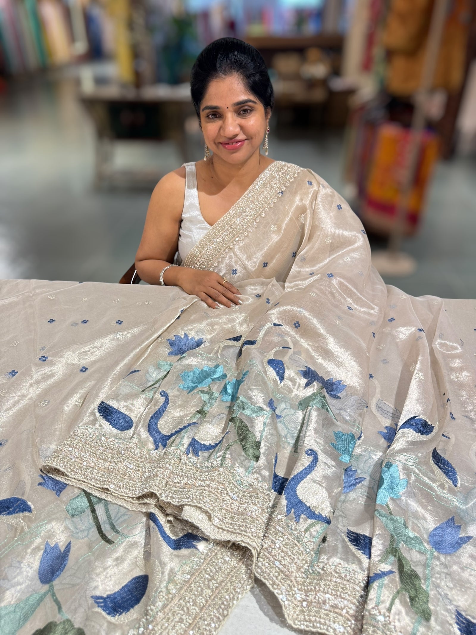 Silver Tissue Designer Saree with heavy handwork and embroidery