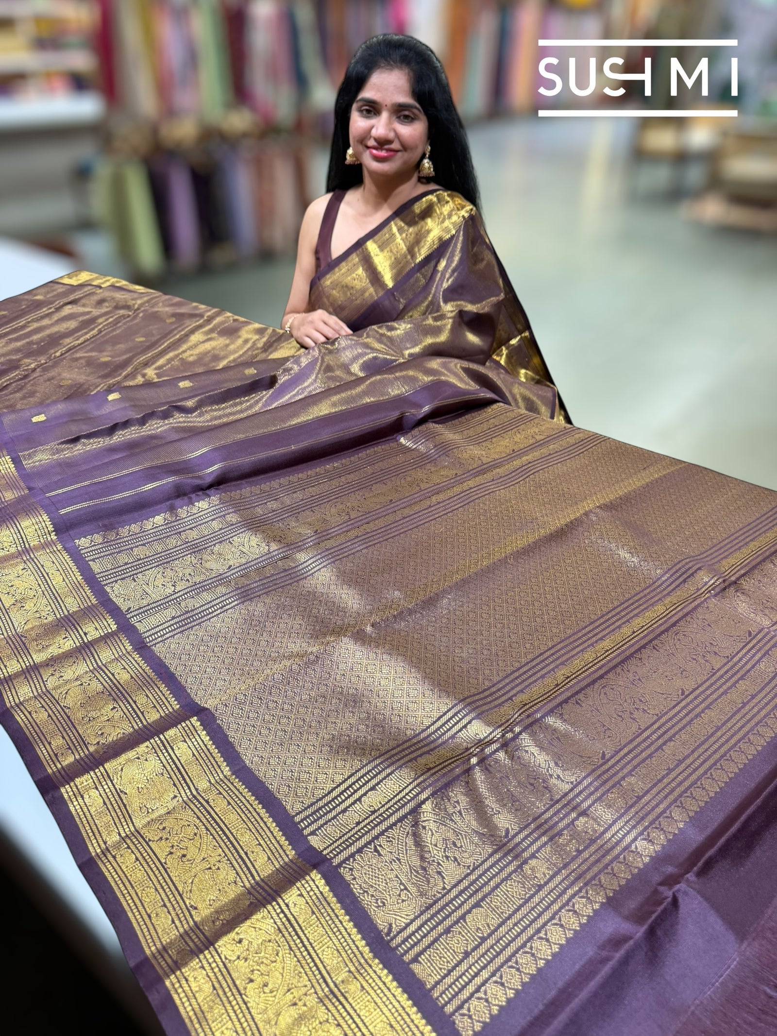 Darkbrown & Violet dual tone vaira oosi stripes Vintage Kanjeevaram Saree : S62F119
