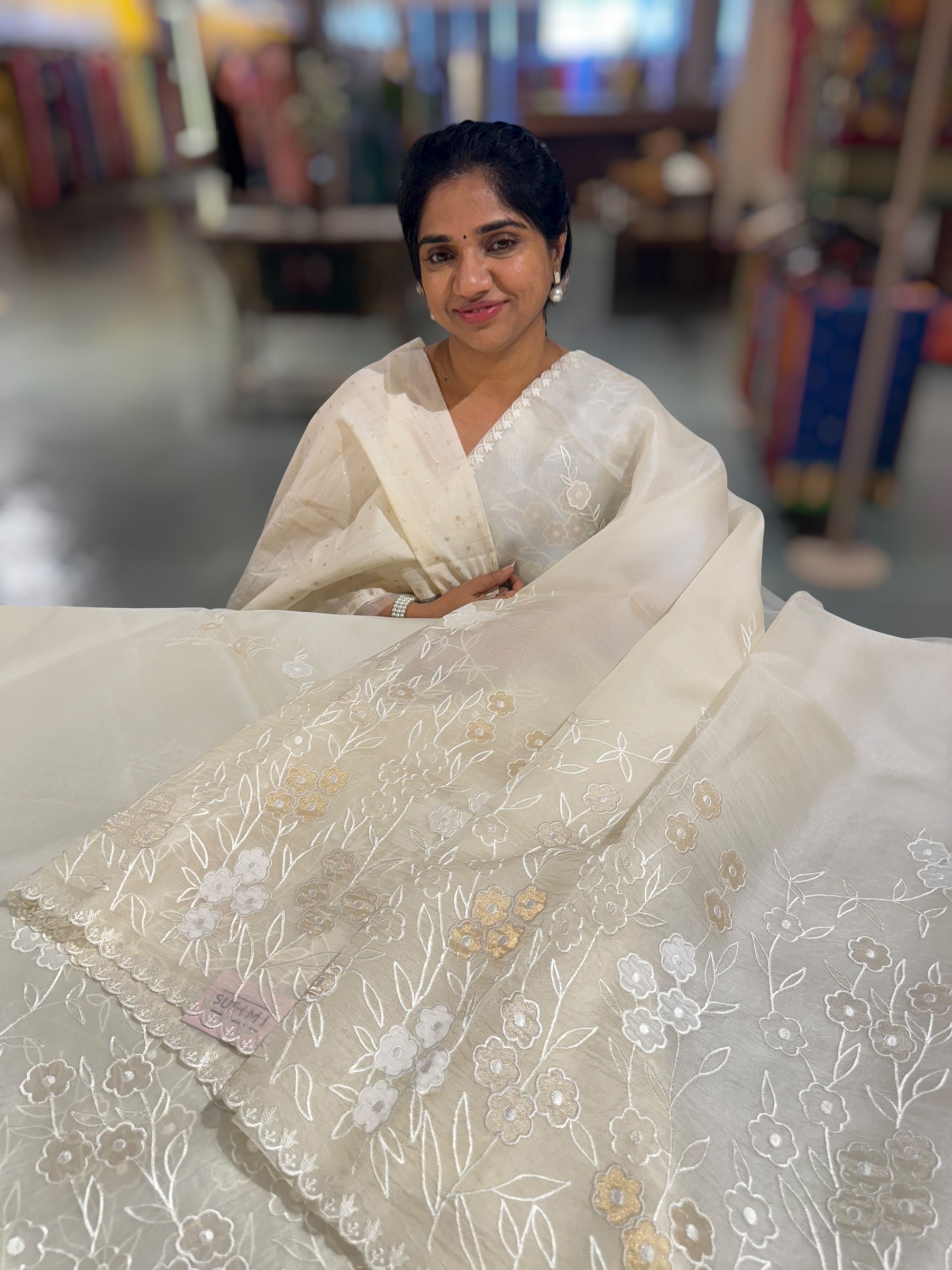 Ivory Organza Saree With Tissue Applique Work