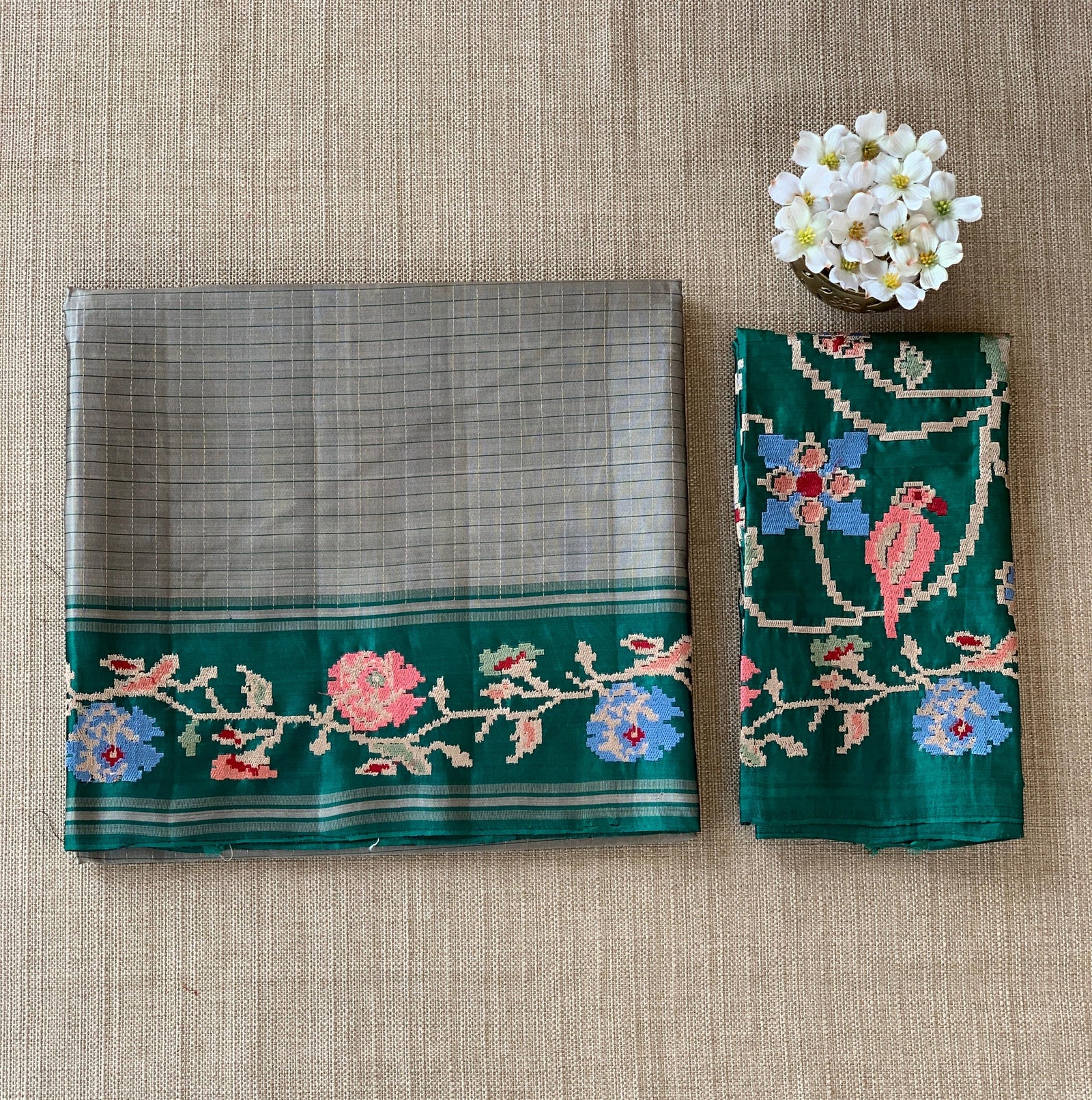 Dusty Grey & Teal Vintage Kanchi soft silk saree with embroidery