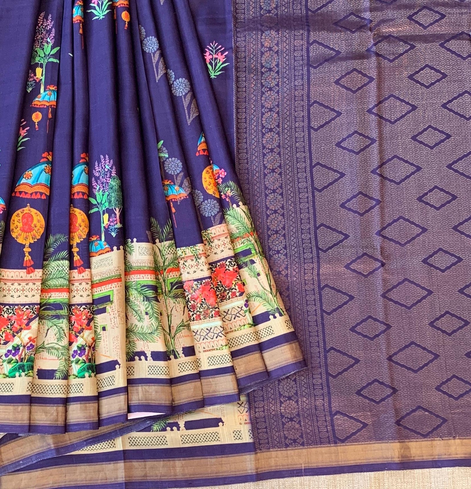 Brinjal Kanchi Soft Silk with beautiful Floral Print