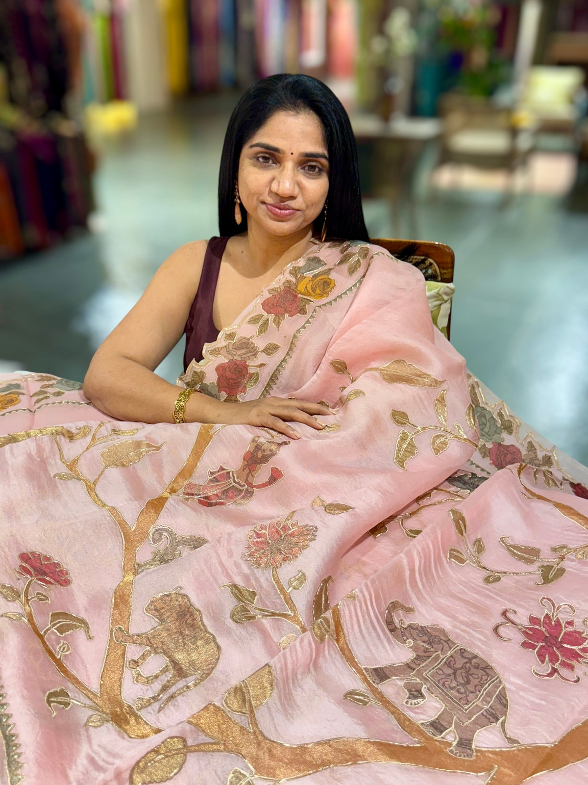 Blush Pink Pure Organza Applique Work Saree