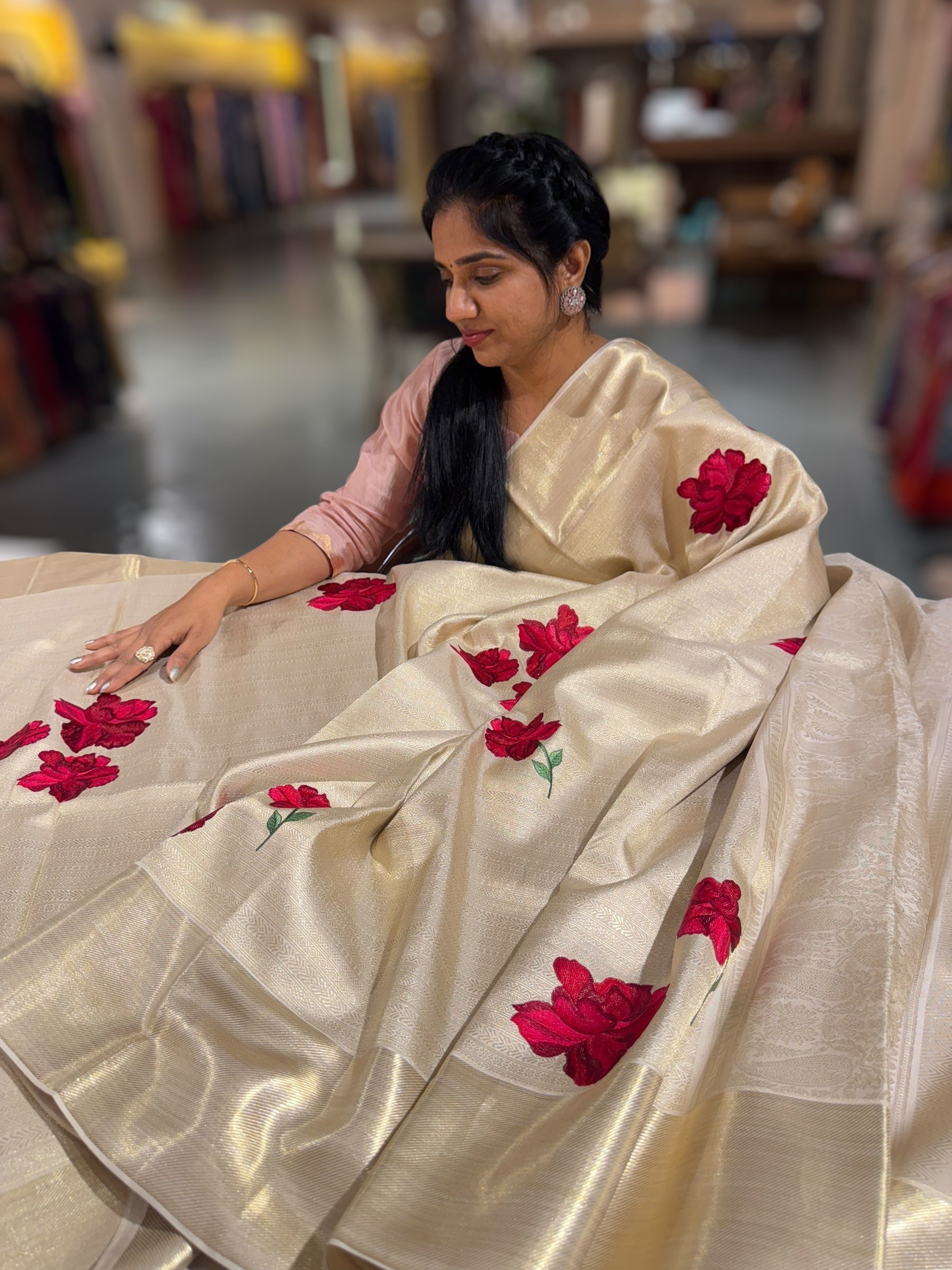 Ivory Banarasi Brocade Kanjeevaram Saree With Hibuscus Floral bunches embroidery