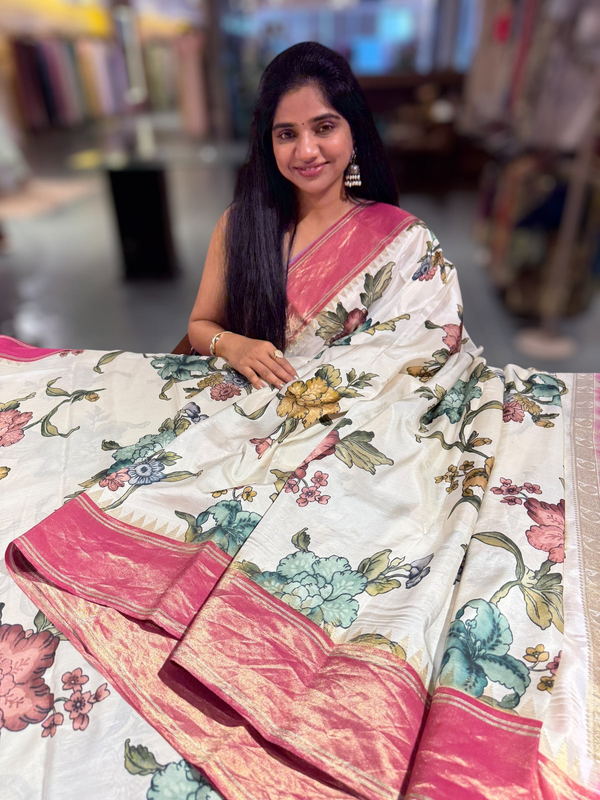 Ivory Kanjeevaram Designer print saree