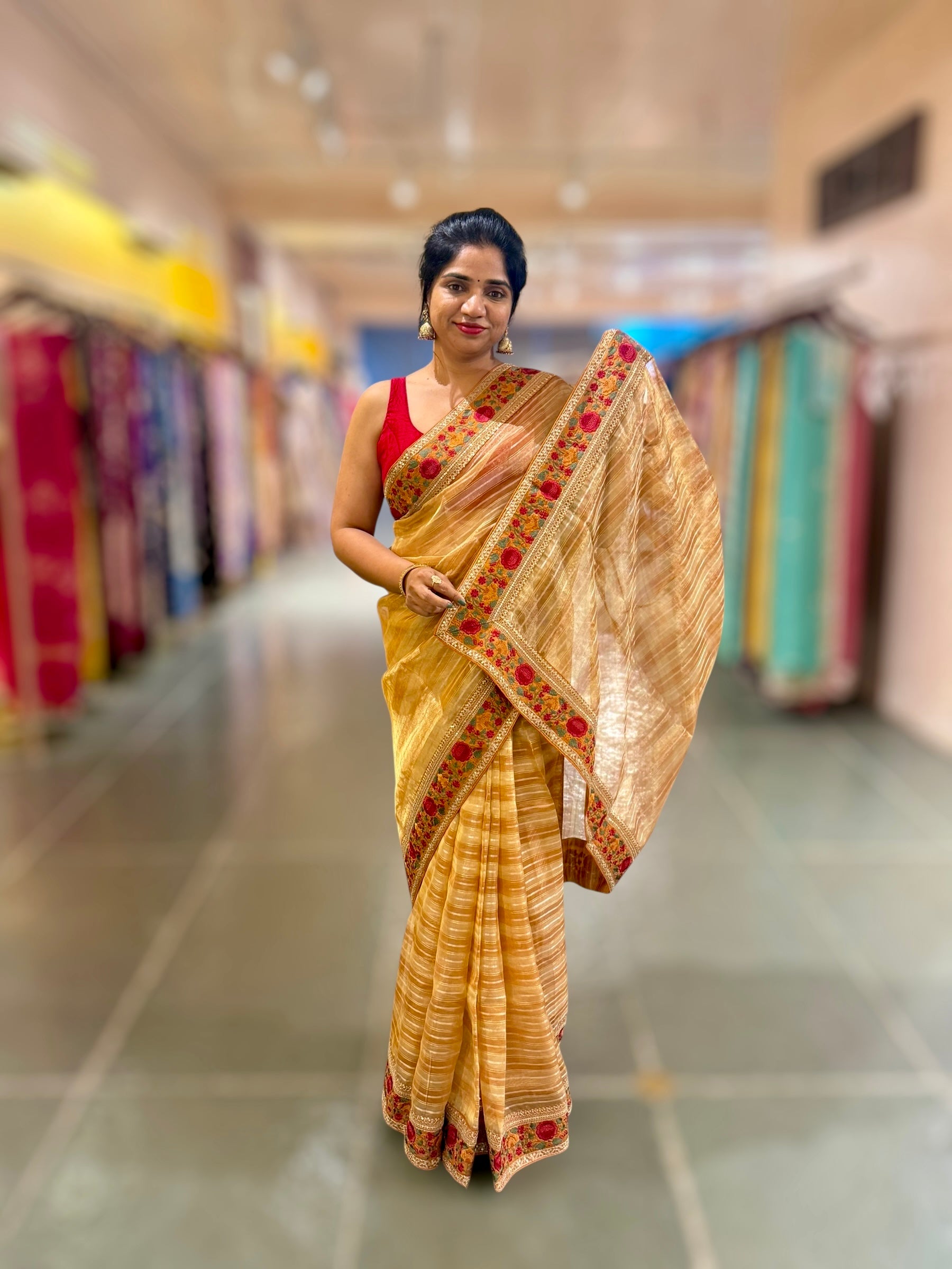 Light Orange Kora Tissue Stripes Saree with Sabhyasachi Style Embroidered Borders & Blouse