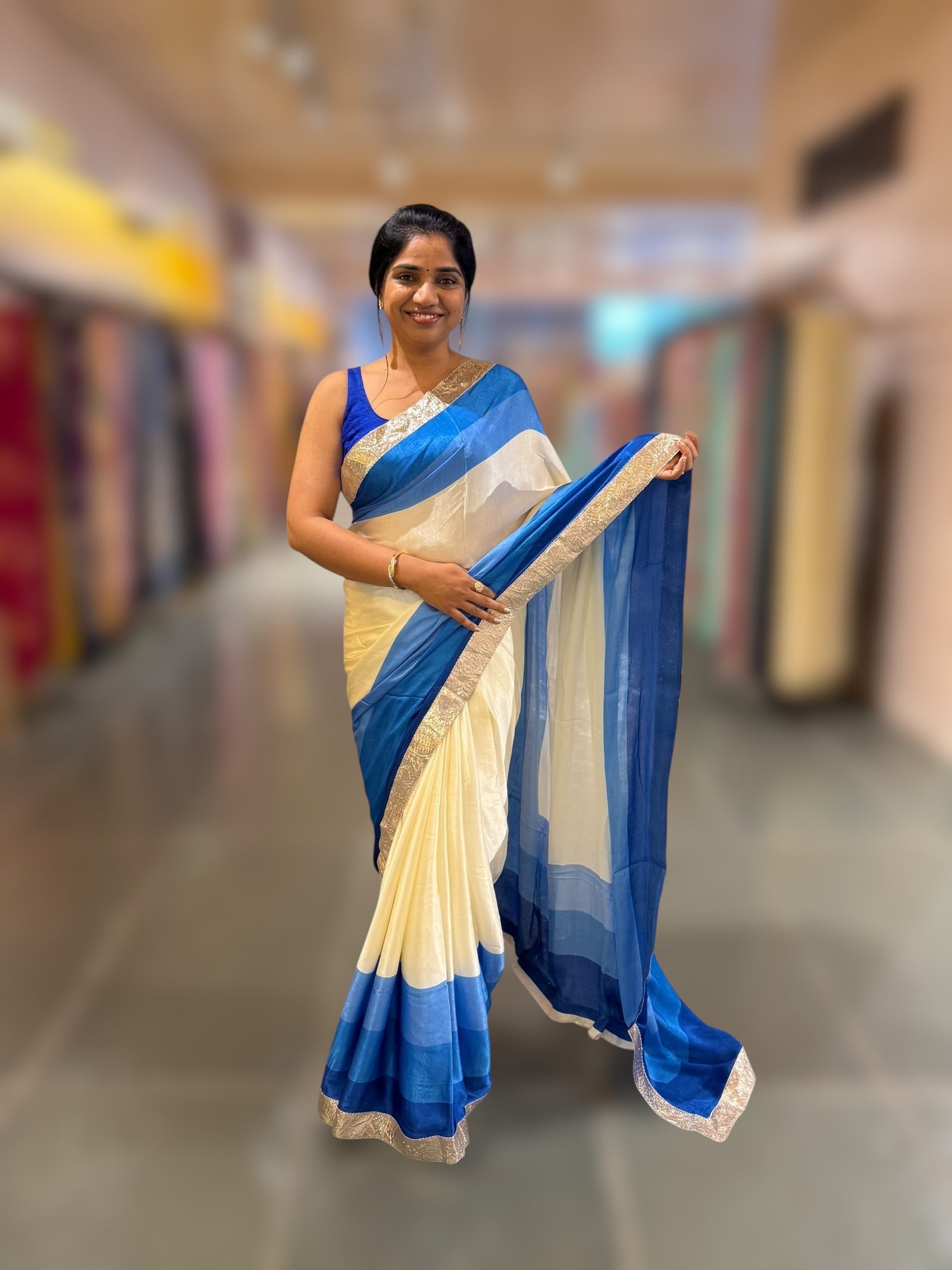 Ivory & Royal Blue Combo Chinnon Crepe Saree with Gotapatti Borders