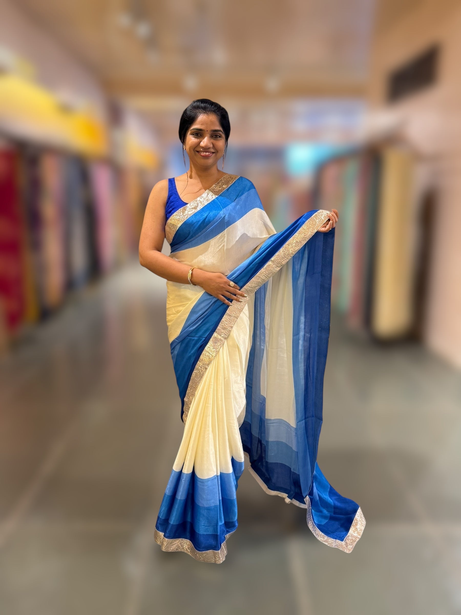 Ivory & Royal Blue Combo Chinnon Crepe Saree with Gotapatti Borders