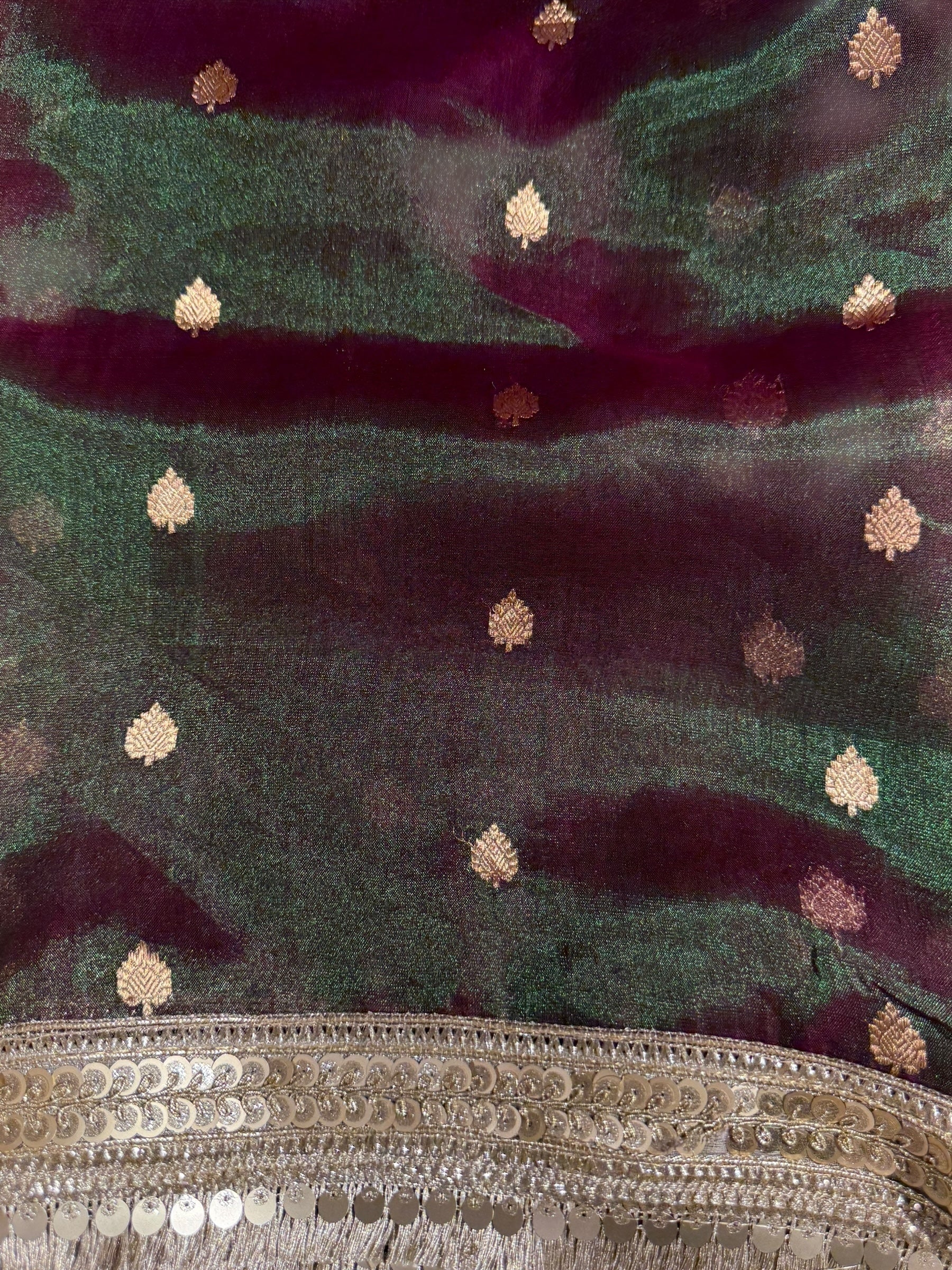 Green & Wine Combo Pure handloom Banarasi Tissue saree