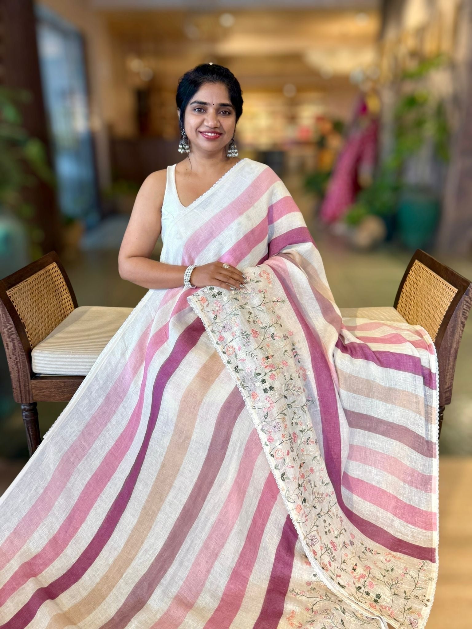 Lenin Saree with Multi Colors stripes and Embroidered Border