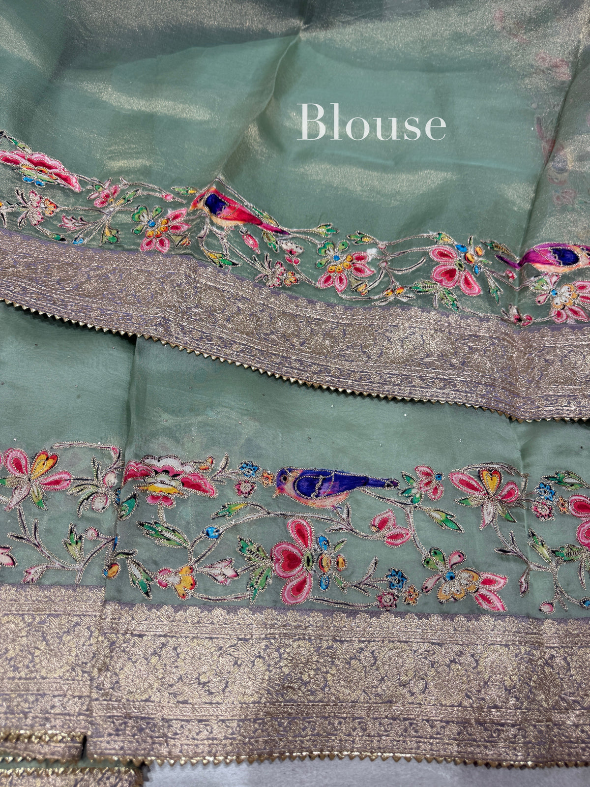 Mint Organza Banarasi Fusion Saree with Bird Appliqué : SM021
