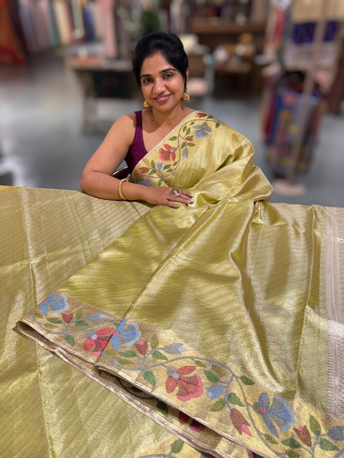 Apple Green Kanchi Tissue Brocade Saree With jamdani inspired embroidery.