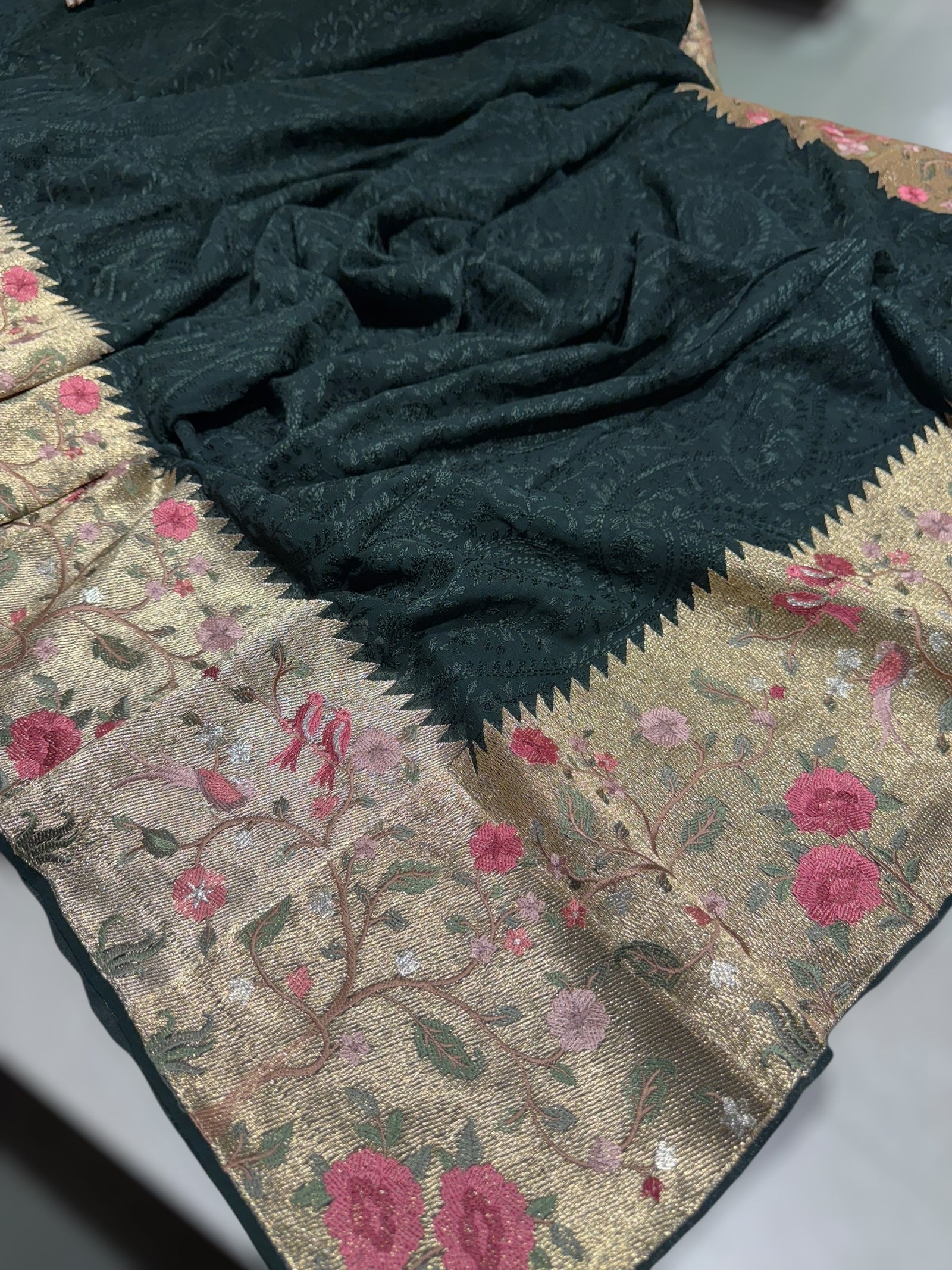 Forest Green Chikankari Georgette Saree with Tissue embroidered Border