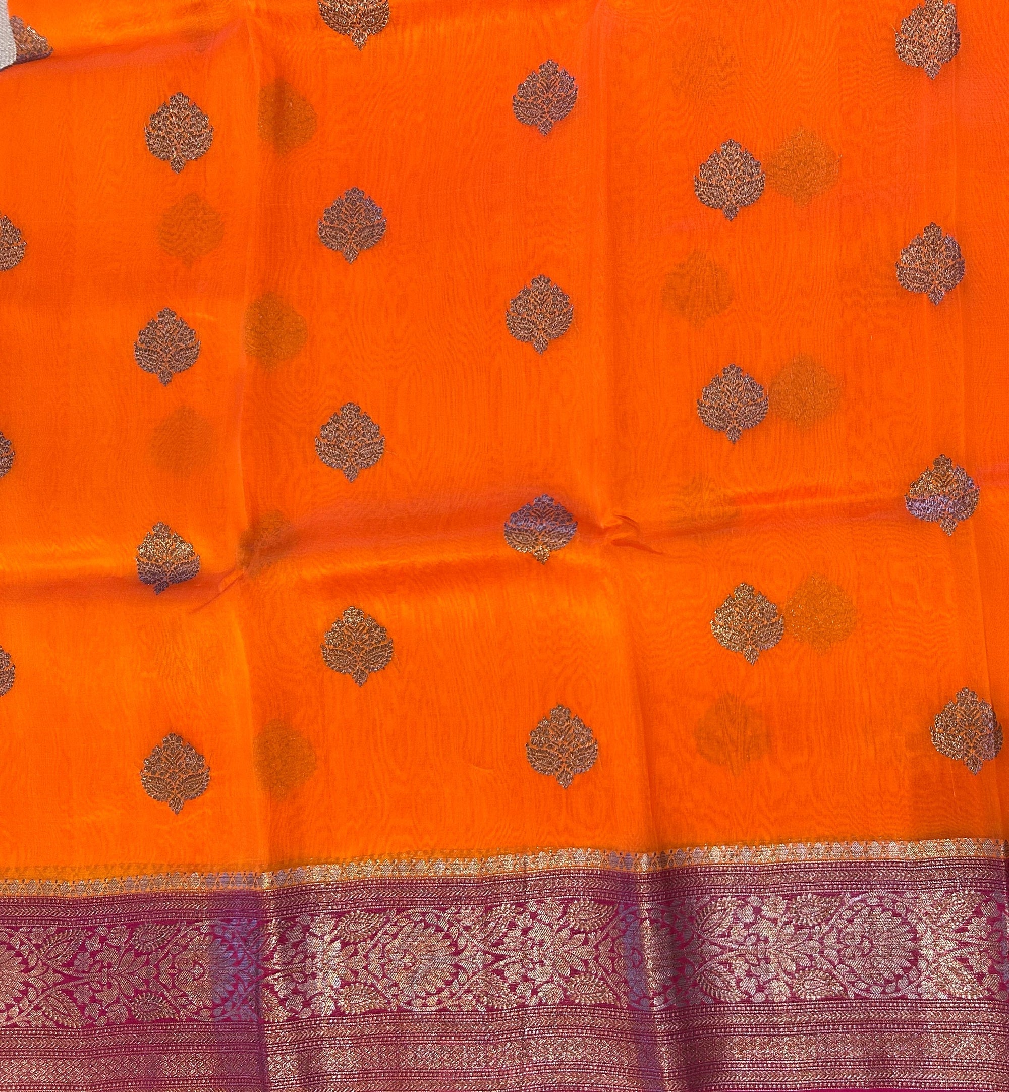 Orange & Ruby Pink Pure Handloom Kora Banarasi Saree