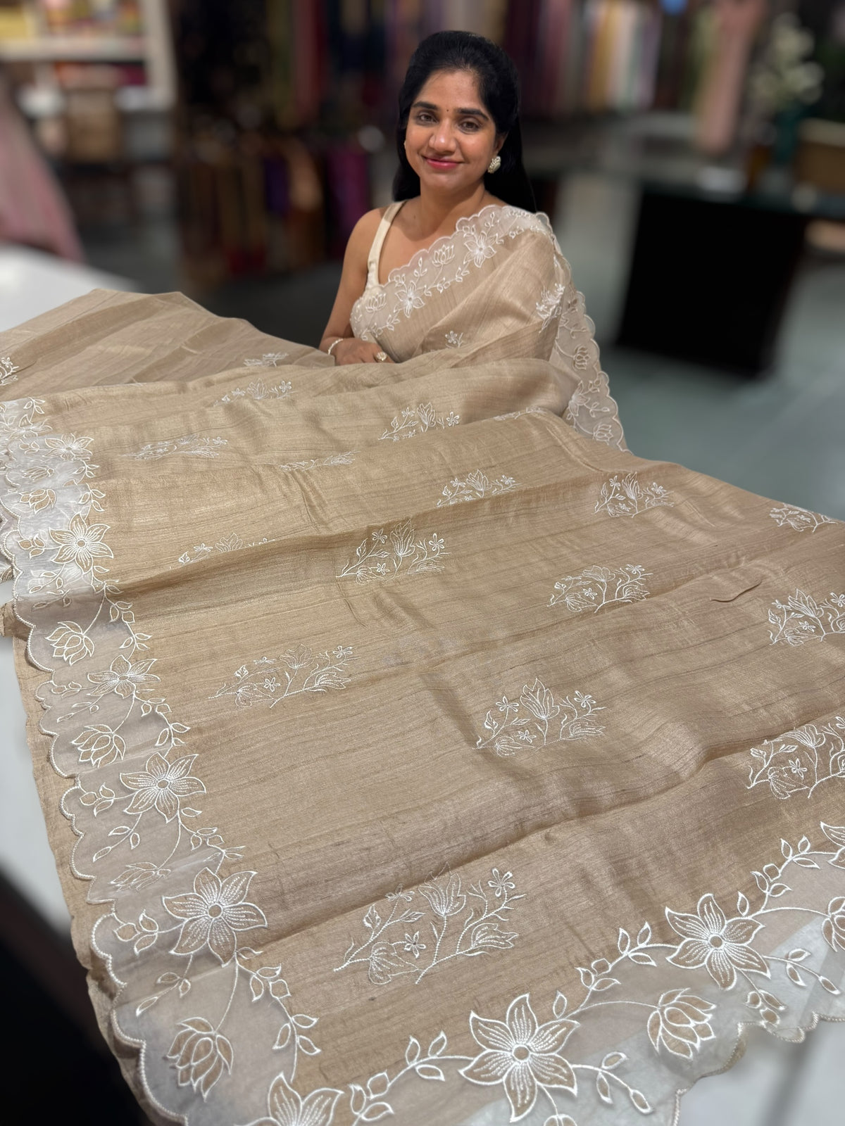 Chickoo Pure Handloom Tussar Saree with embroidery