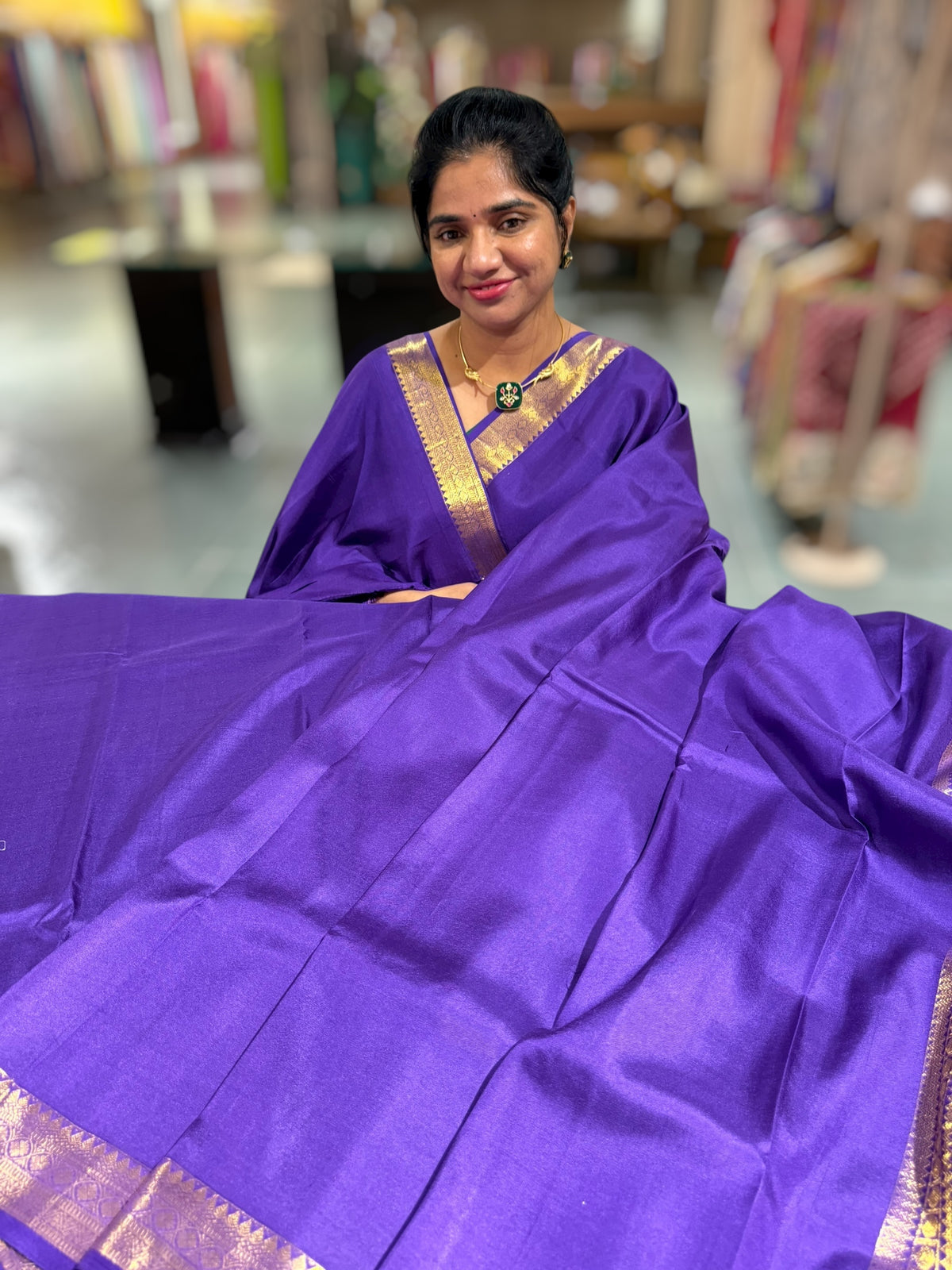 Brinjal vintage Kanchipuram silk saree with pen kalamkari blouse