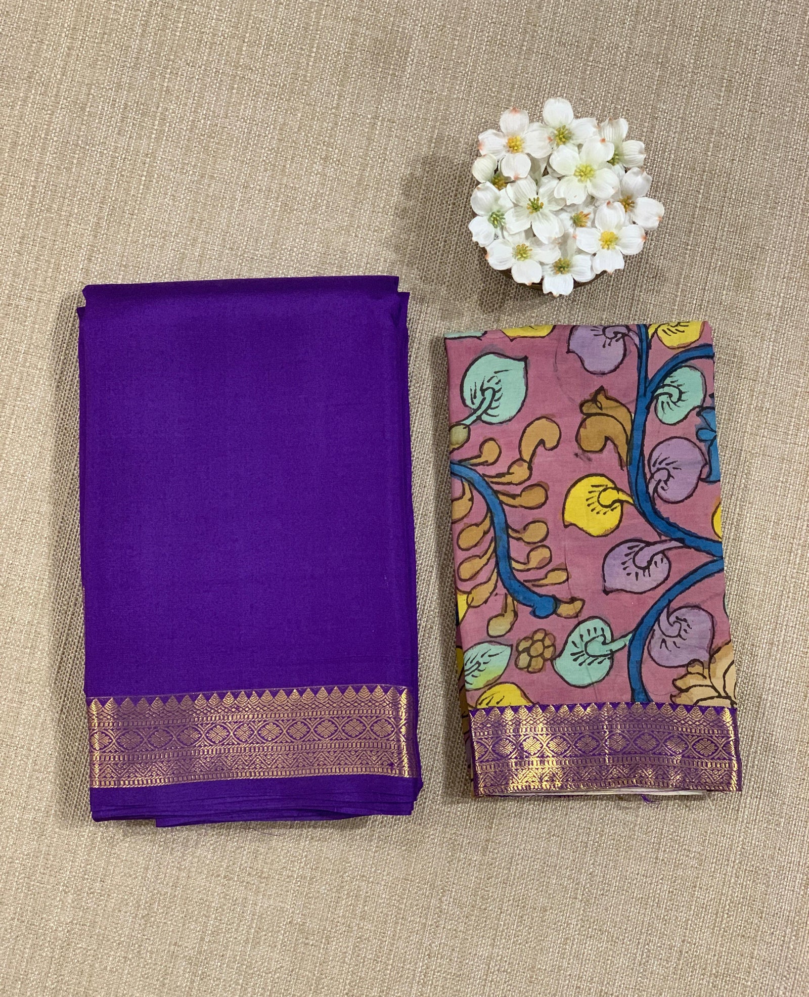 Brinjal vintage Kanchipuram silk saree with pen kalamkari blouse
