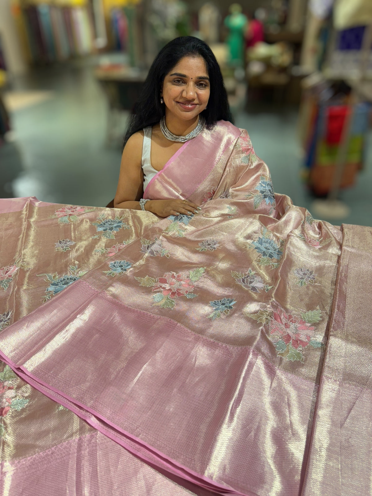 Rose Pink Designer Kanchi Saree with allover embroidery