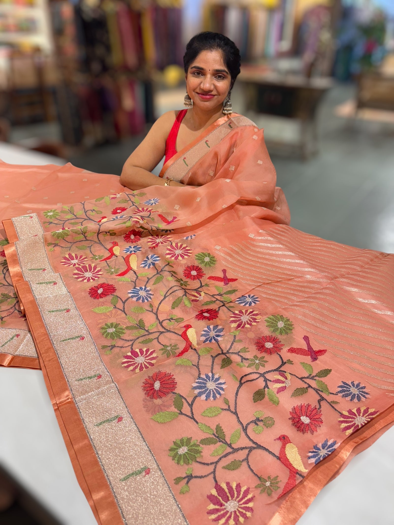 Kanakambaram Pure Organza Saree with pythani insipred embroidery