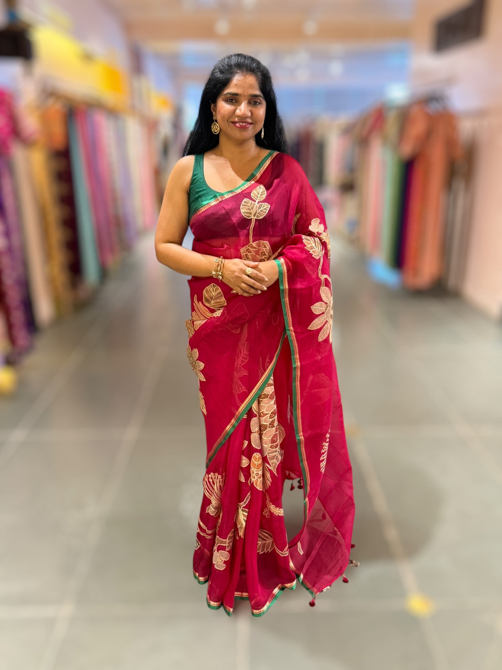 Dark Pink Designer Organza with Tissue applique work