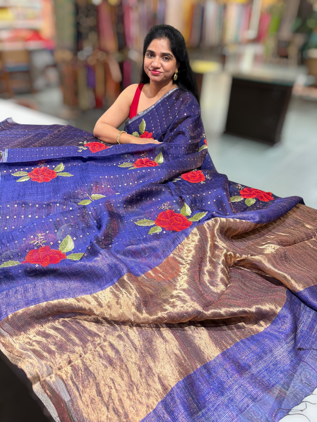 Violet Tussar Kota Saree with embedded sequnce and hibuscus flower embroidery