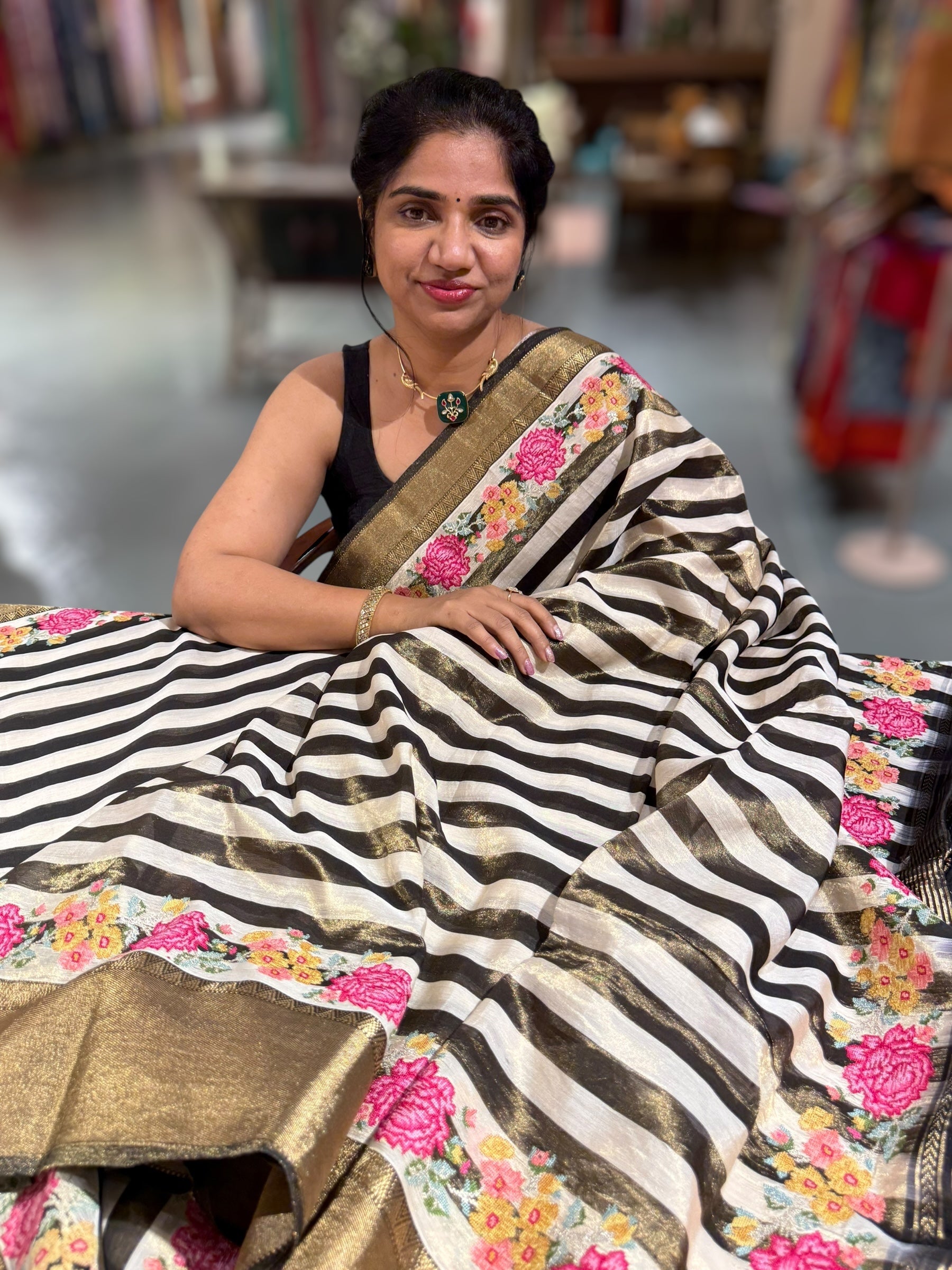 Chanderi Tissue Saree with petite point emb