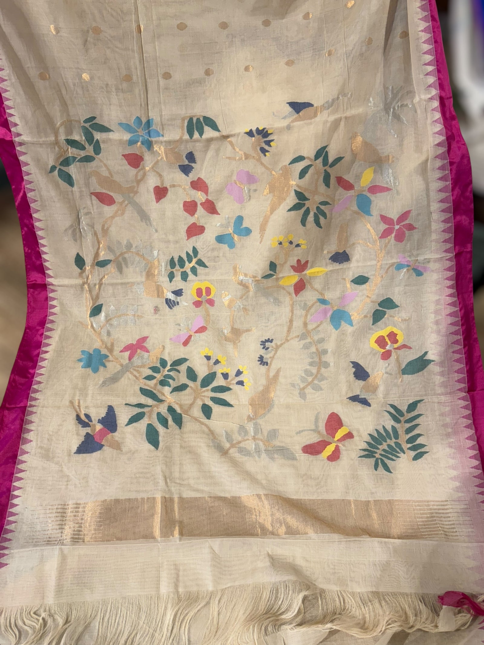 Beige Ponduru Khadi Saree with Rani Pink Temple Silk Border & Jamdani Bird Pallu