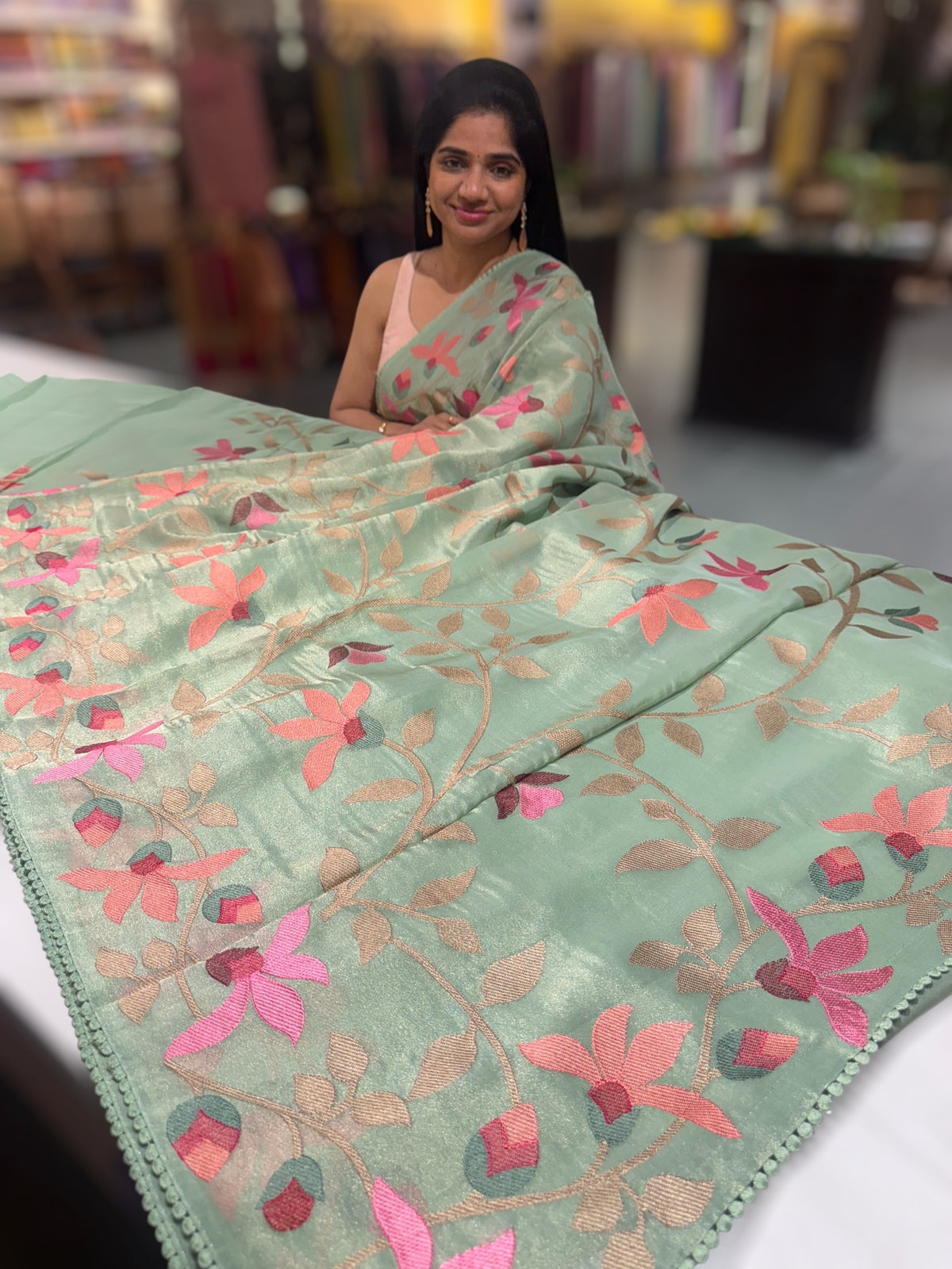 Mint Peach Tissue georgette saree with embroidery