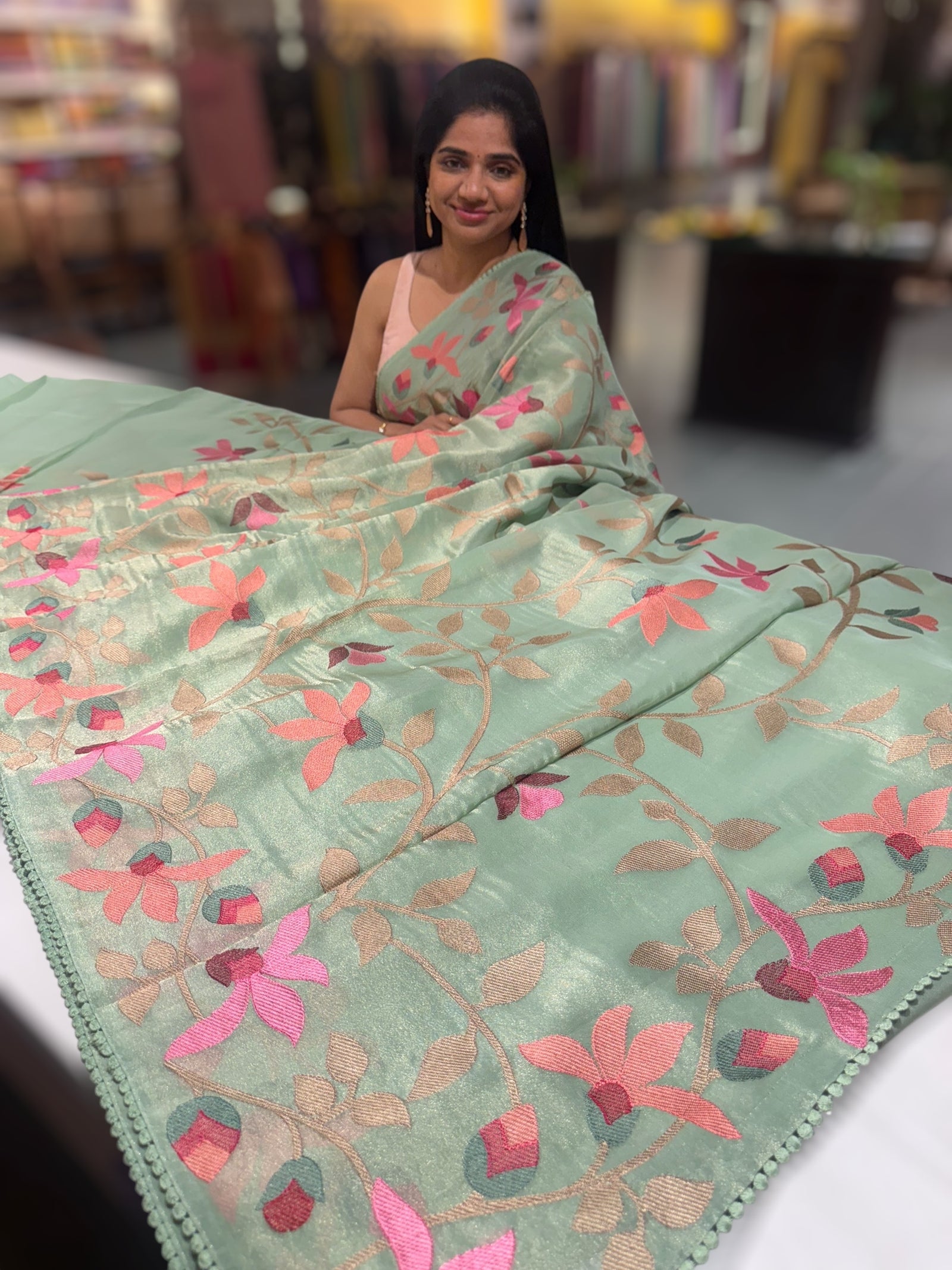 Mint Peach Tissue georgette saree with embroidery