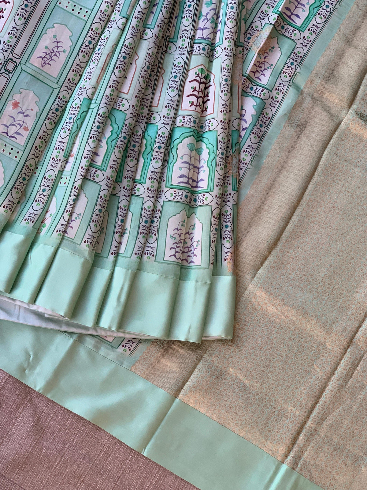 Mint Green Soft Silk Saree with patola style print and mashru borders
