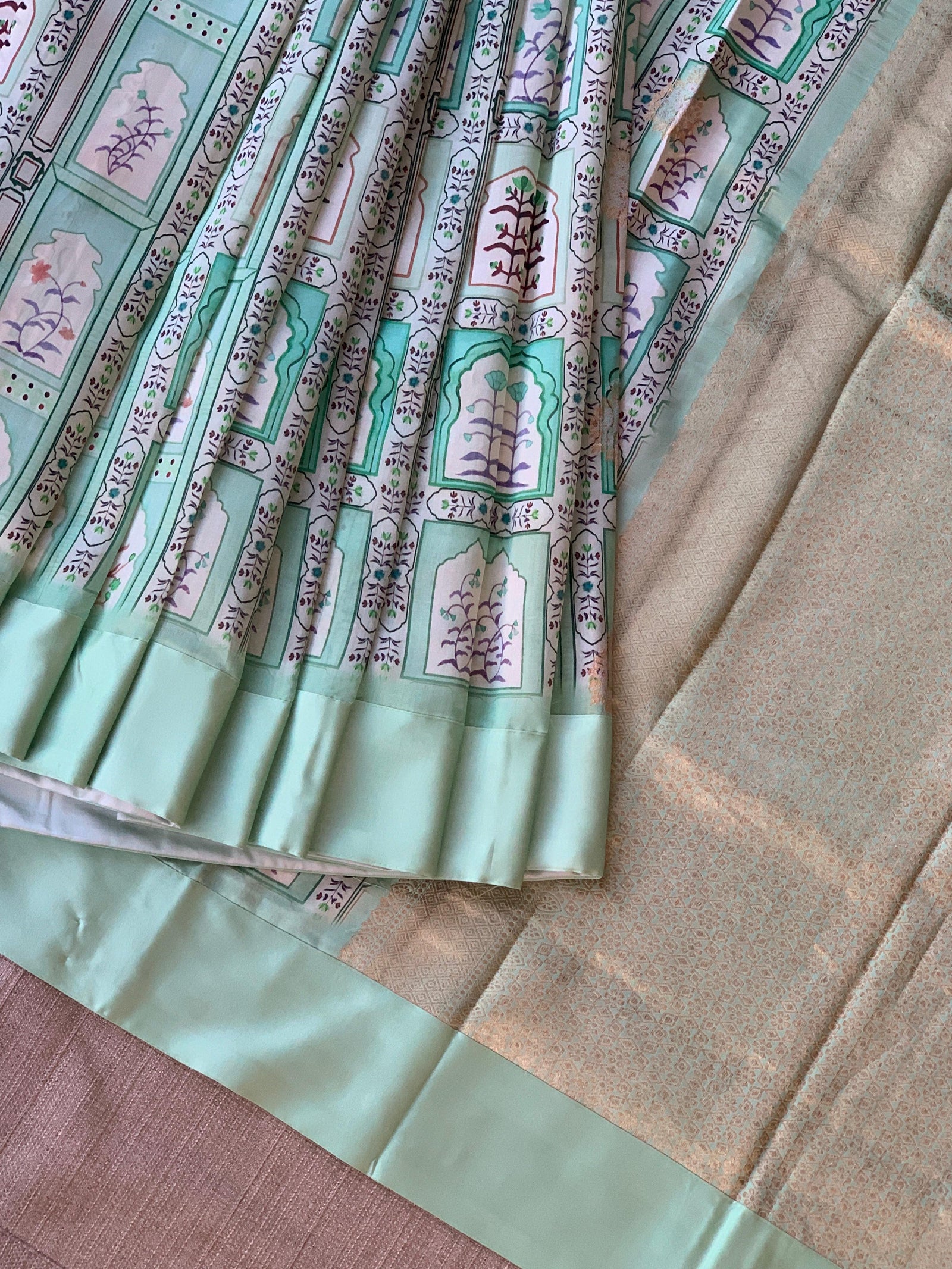 Mint Green Soft Silk Saree with patola style print and mashru borders
