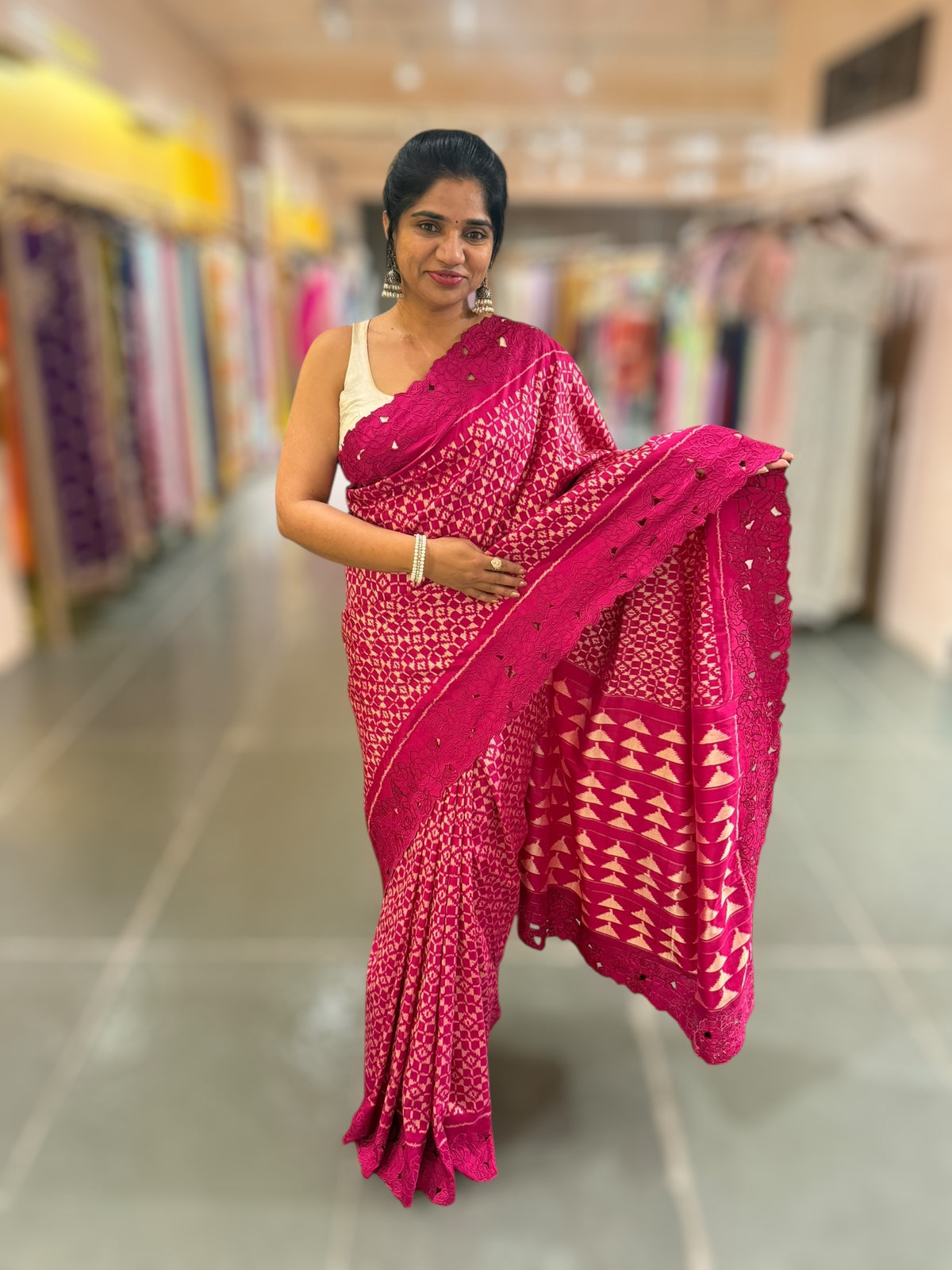 Beetroot Pink Cambodian–inspired Ikkat Silk Saree with cutwork Rose Border