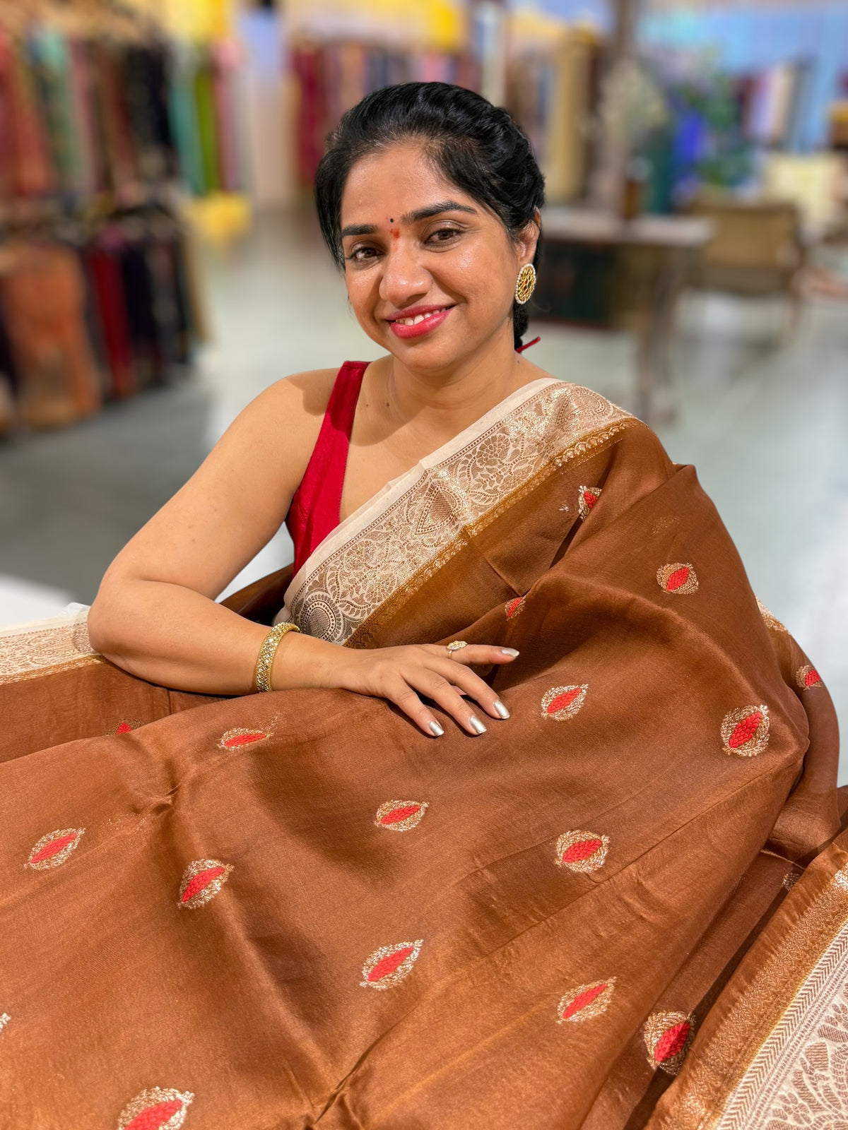 Rust Brown & Beige Combo Kora Banarasi Saree with Meenakari Kaduwa woven motifs