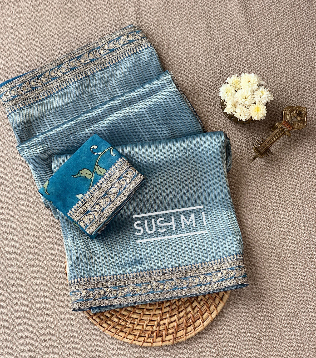 Dusty Blue  Banarasi tonchoi with pen kalamkari Blouse : D62F026