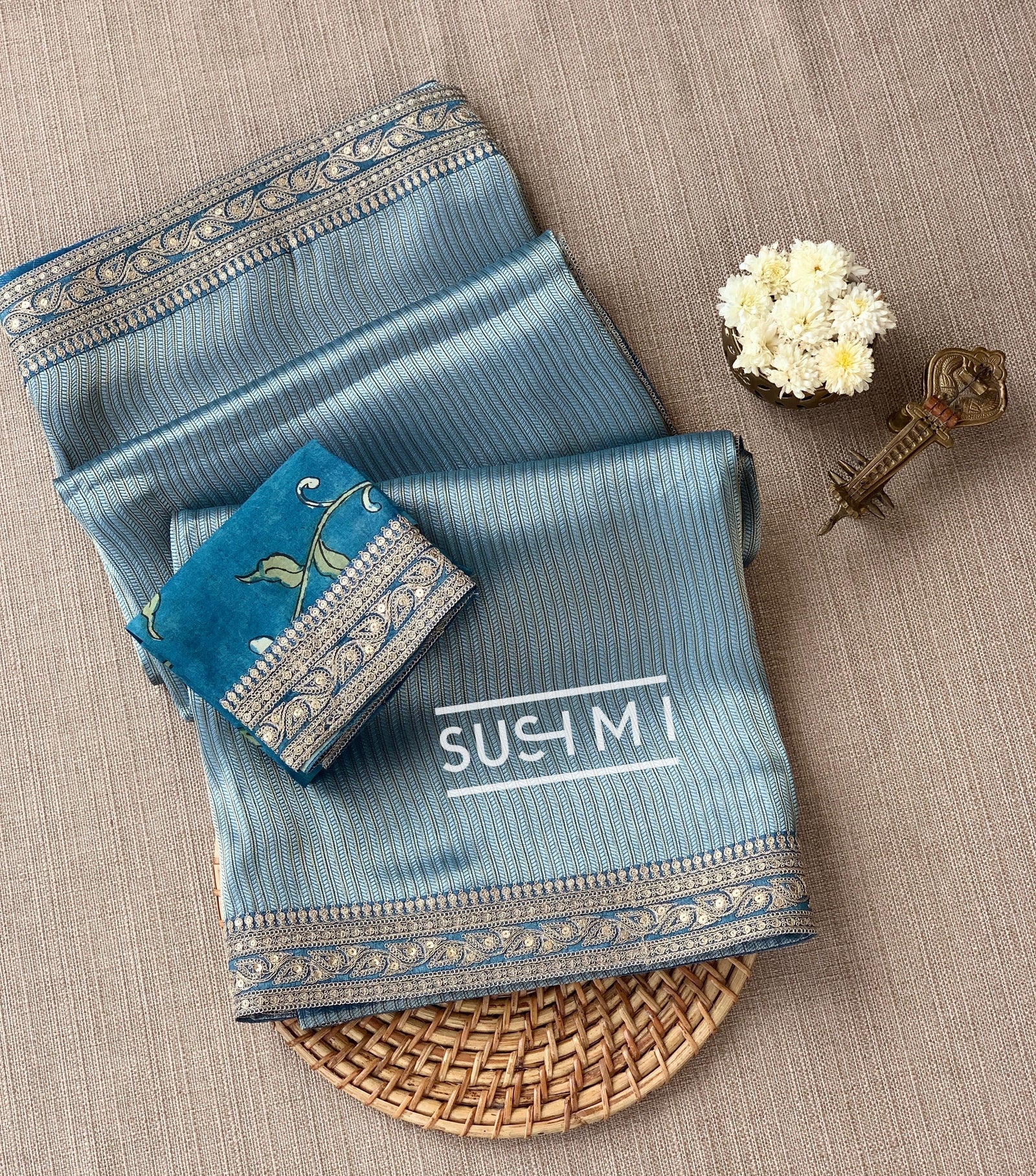 Dusty Blue  Banarasi tonchoi with pen kalamkari Blouse : D62F026