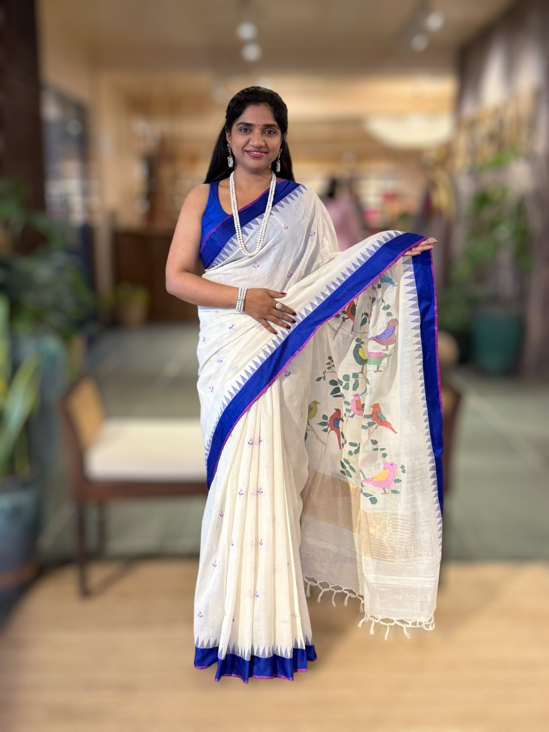 Ivory Ponduru Khadi Saree with Royal Blue Temple Border & Jamdani Bird Pallu