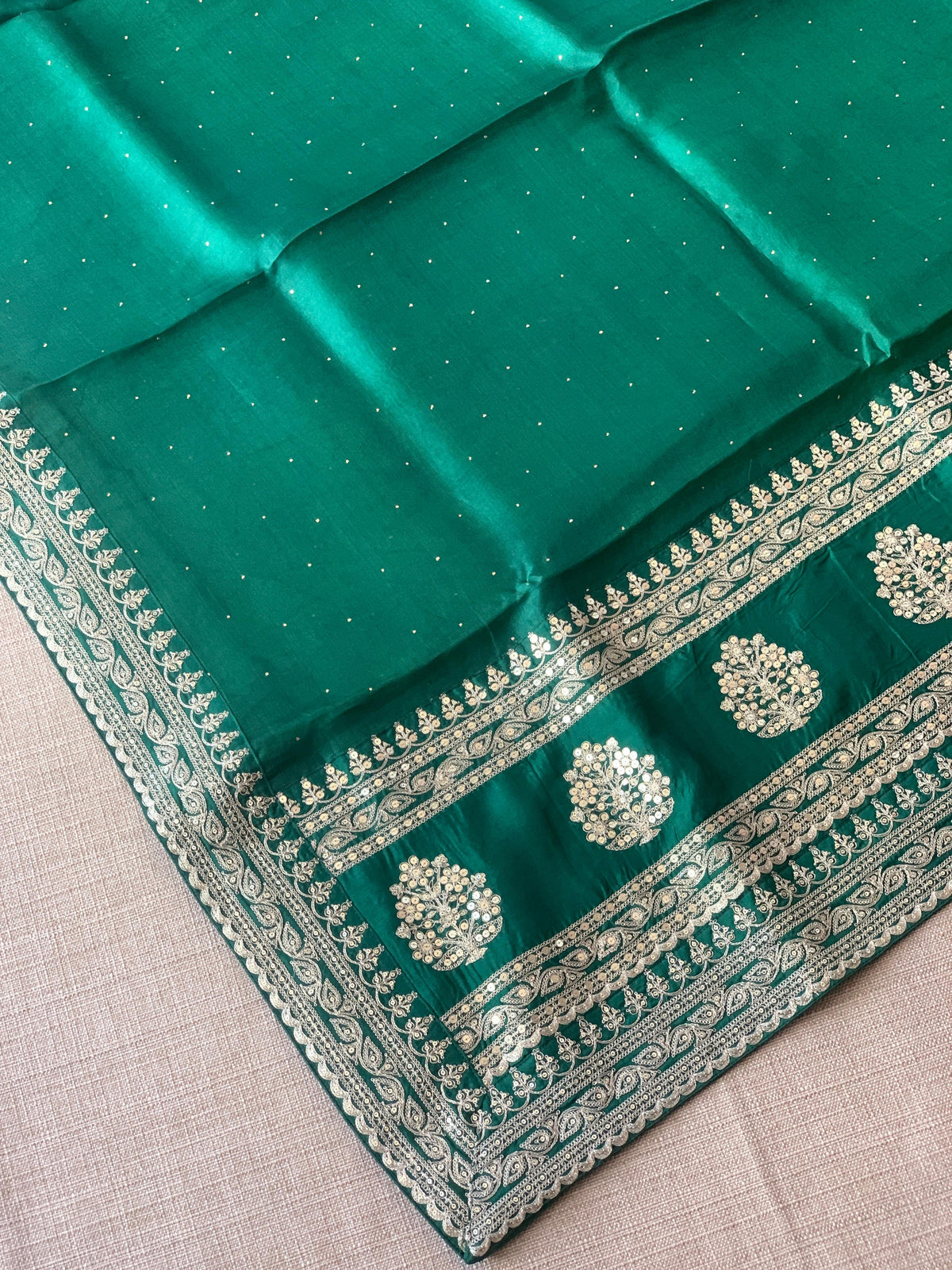 Emerald Green Pure Organza Saree with allover mukaish work & sabyasachi borders