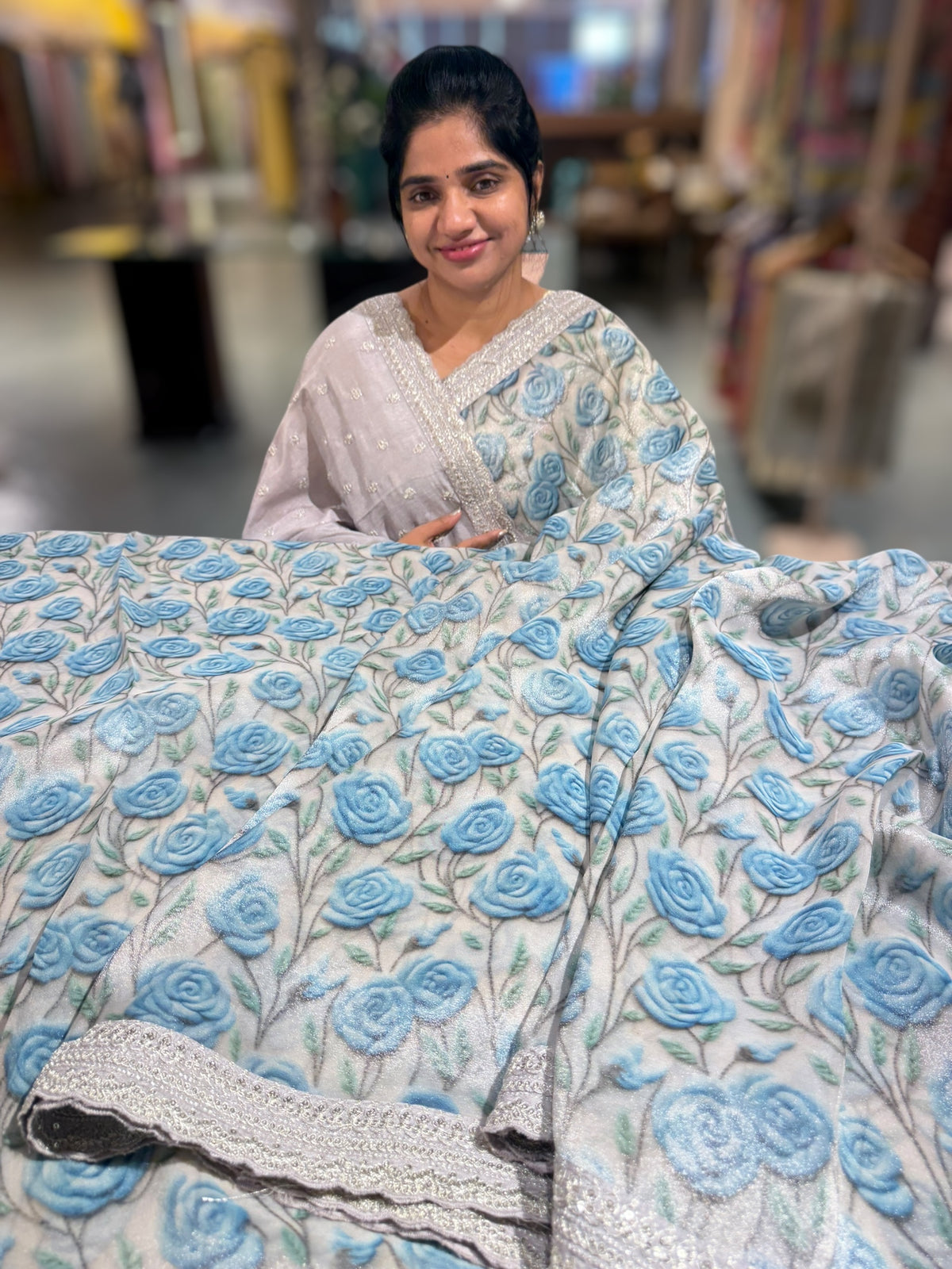 Silver base Tissue Georgette Saree