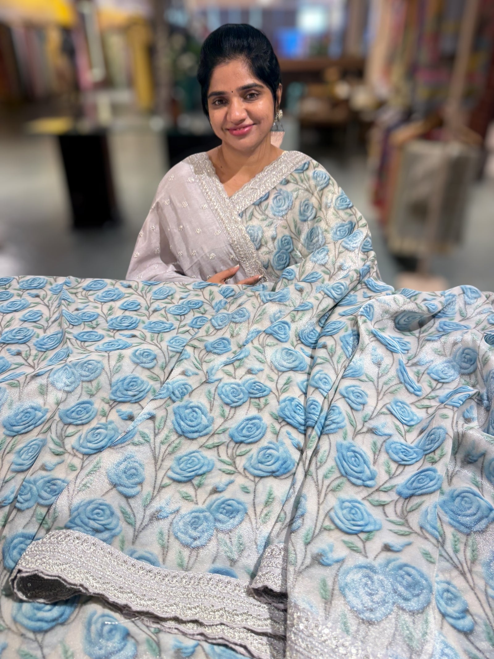 Silver base Tissue Georgette Saree