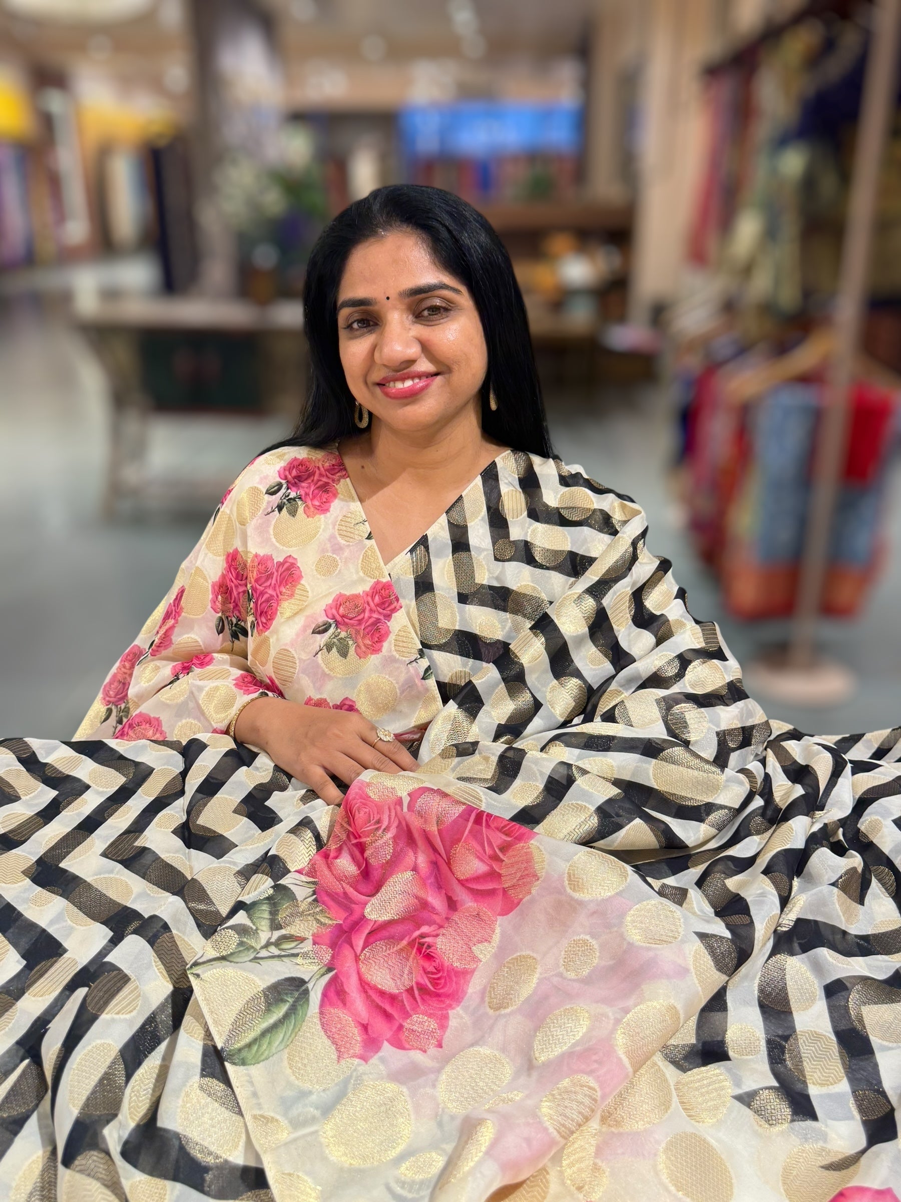 Black Zig Zag Banarasi Kora Gorgette Polka dot Printed Saree